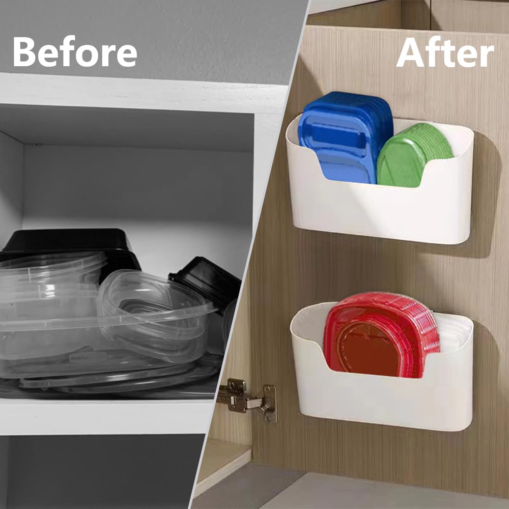 Bawuie Adhesive Cabinet Door Organizer - 2 Pack White Wall Mounted Pantry Storage for Food Container Lids | Space Saving Kitchen & Bathroom Organizer for Plastic Lids | Perfect for Small Spaces, Closet & Cabinet Doors