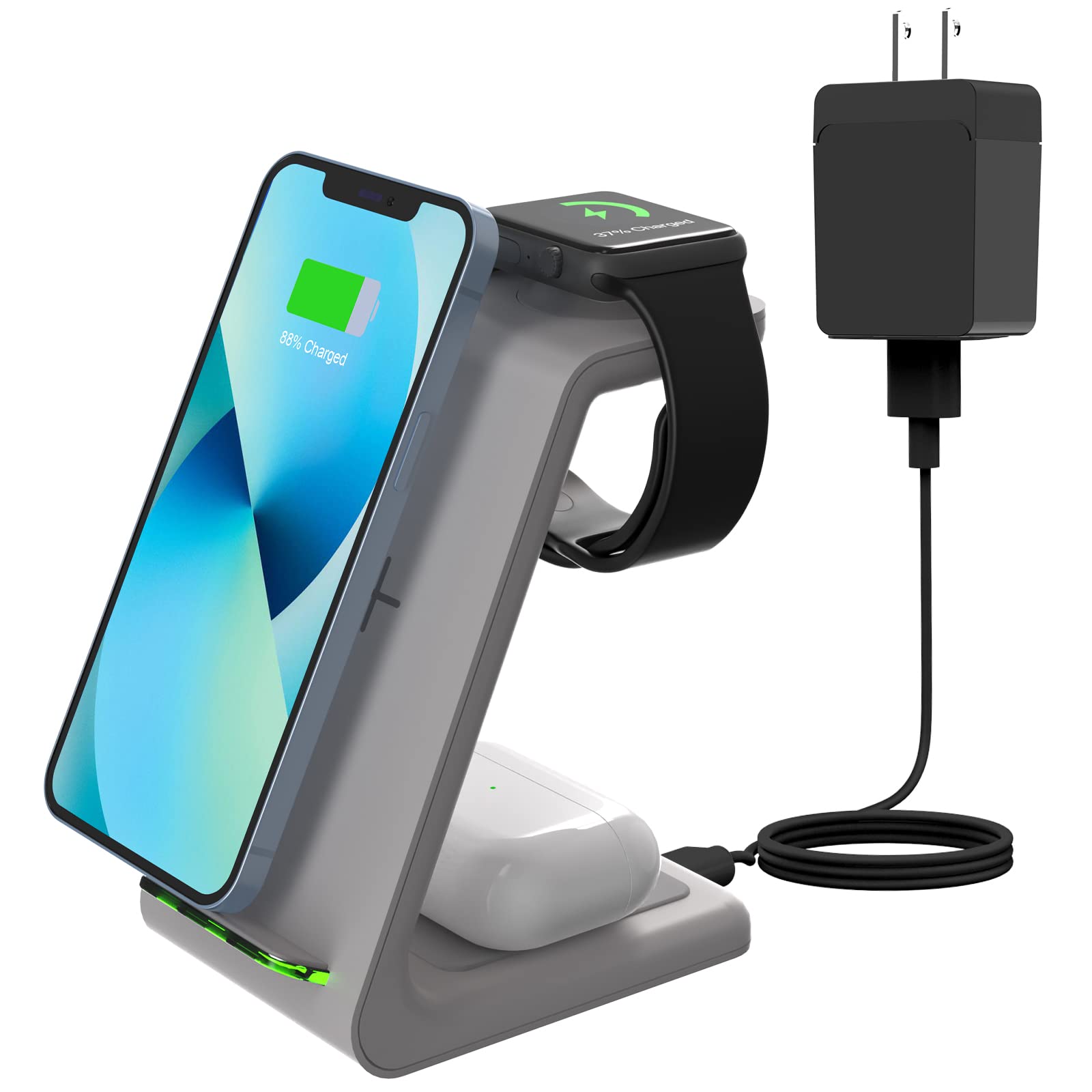 GEEKERA 3-in-1 Fast Wireless Charging Station for iPhone 16/15/14/13/12/11 Pro Max/XR/XS/X, Apple Watch Ultra/9/SE/8/7/6/5/4/3/2 & AirPods Pro/4/3/2 - Compact Nightstand Charger for Bedroom, Office & Travel (Grey)