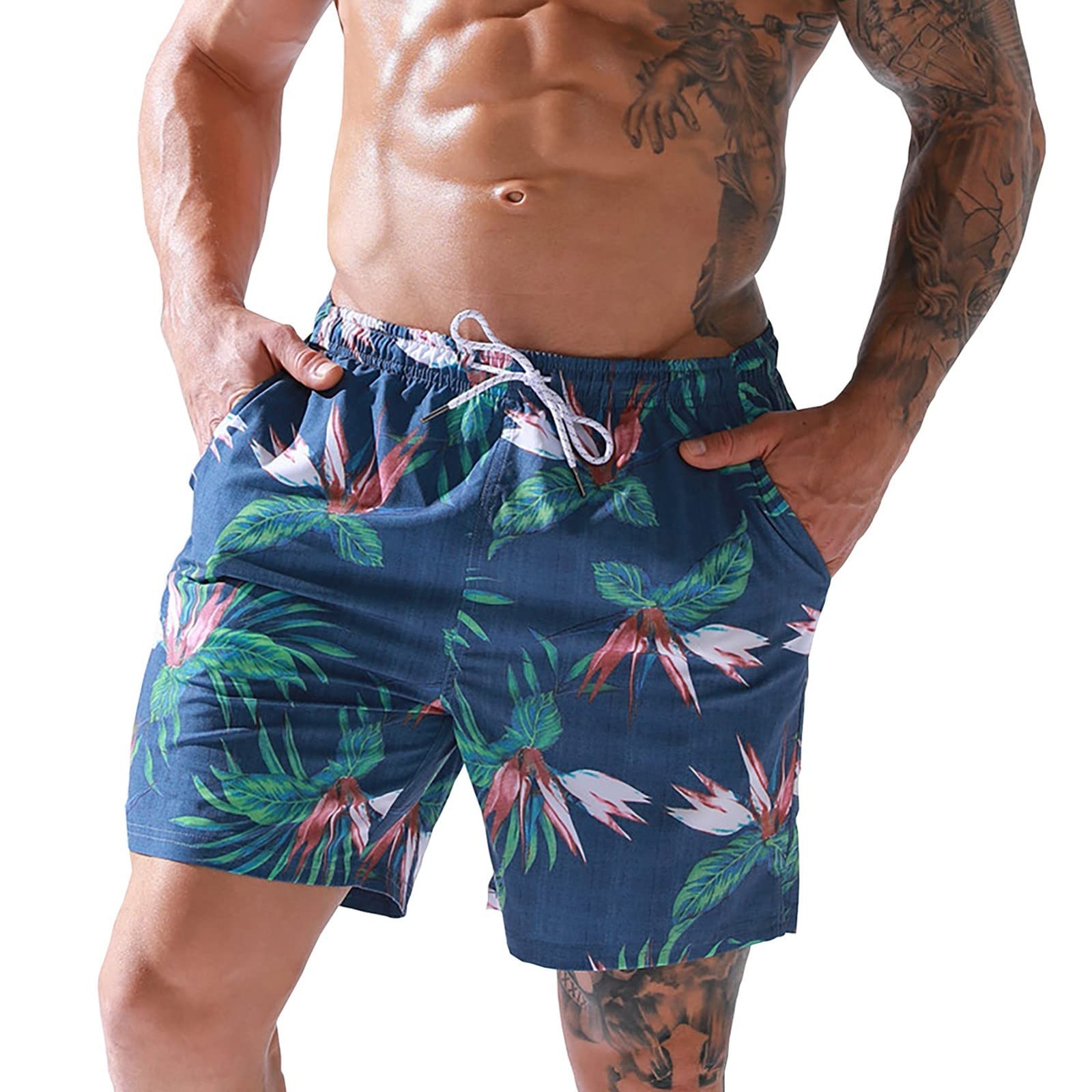 Men's Fashion Beach Shorts with Drawstring & Floral Print - Loose Casual Swim Trunks with Pockets for Swimming, Vacation & Summer Outfits