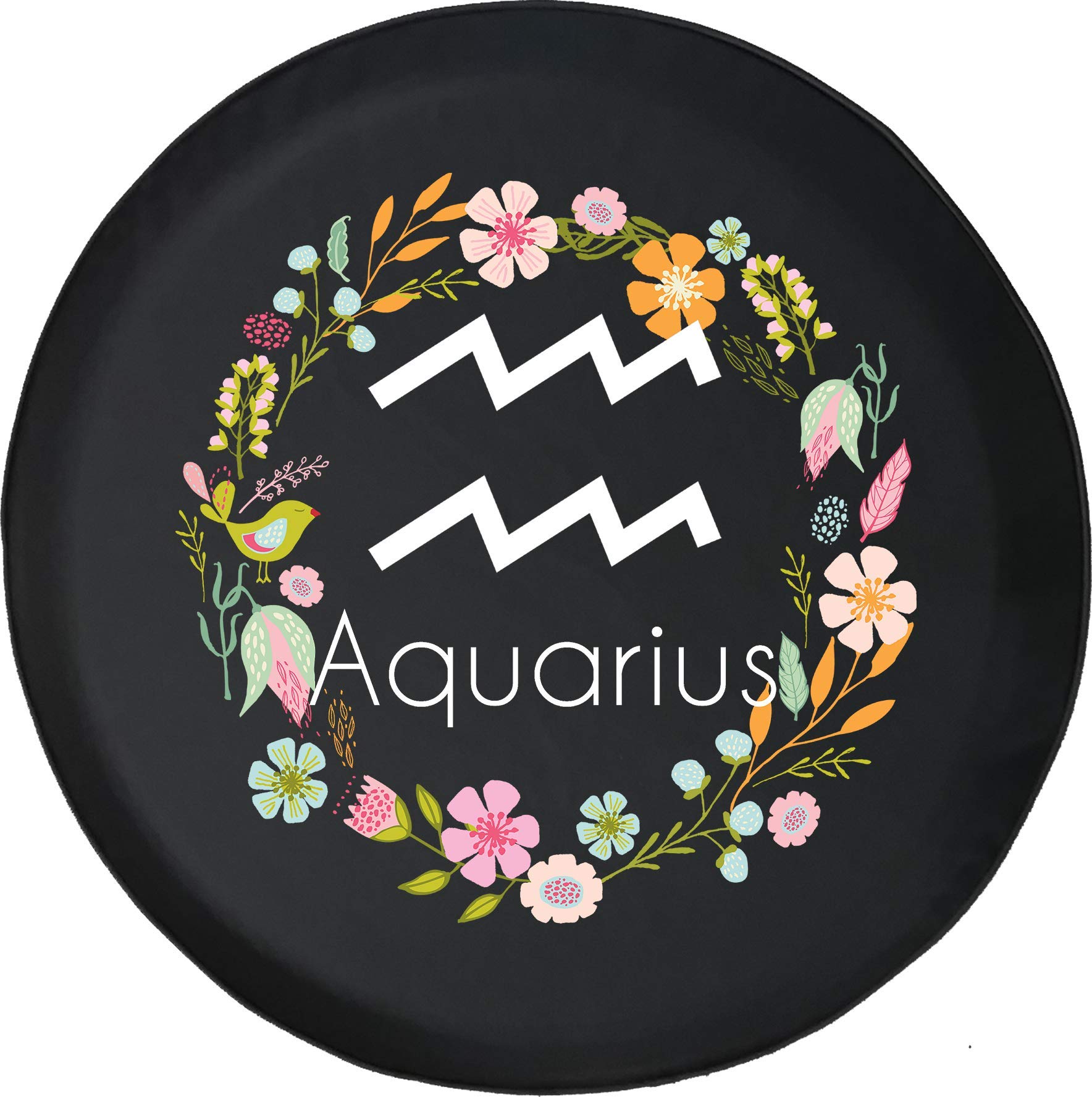 Universal 28 Inch Black MUD Travel Trailer Tire Cover - Floral Circle Horoscope Aquarius Design | Weatherproof Protection for RV, Camper & Motorhome Tires | Perfect for Outdoor Camping & Road Trips