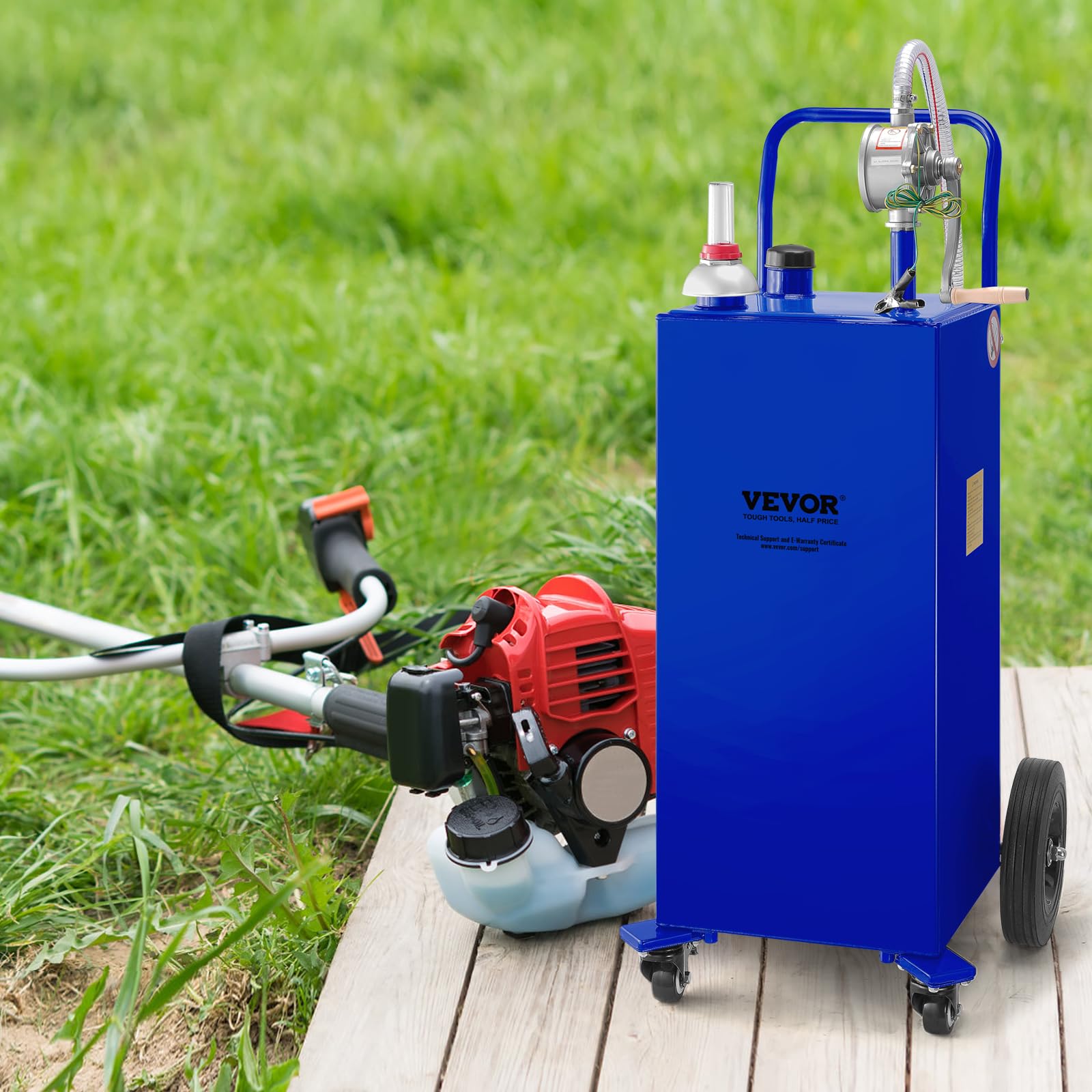 VEVOR 30 Gallon Portable Gas Caddy with Manual Pump - 4-Wheel Fuel Storage Tank for Gasoline & Diesel - Heavy Duty Fuel Container for Cars, Trucks, Lawn Mowers, ATVs, Boats & Outdoor Equipment - Ideal for Home, Farm, Construction & Emergency Fuel Storage