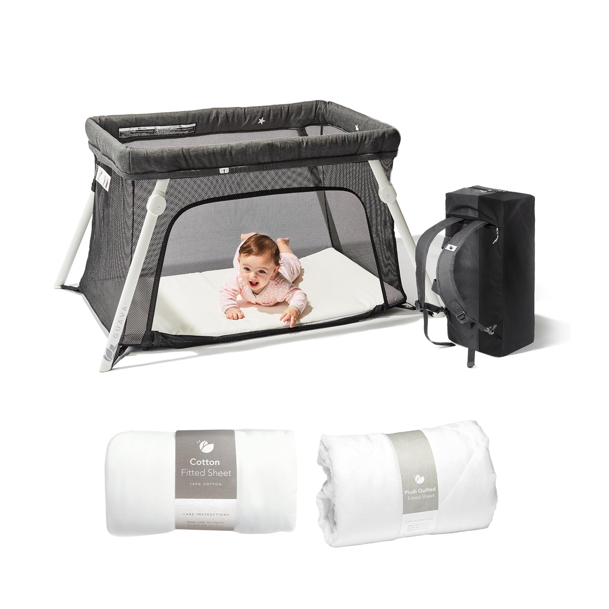 Guava Lotus Travel Crib & Playpen Bundle - Lightweight Portable Baby Crib with Cotton Quilted Sheet & Mattress | Certified Safe for Infants & Toddlers | Foldable Play Yard with Backpack Design | Perfect for Travel, Daycare & Home Use