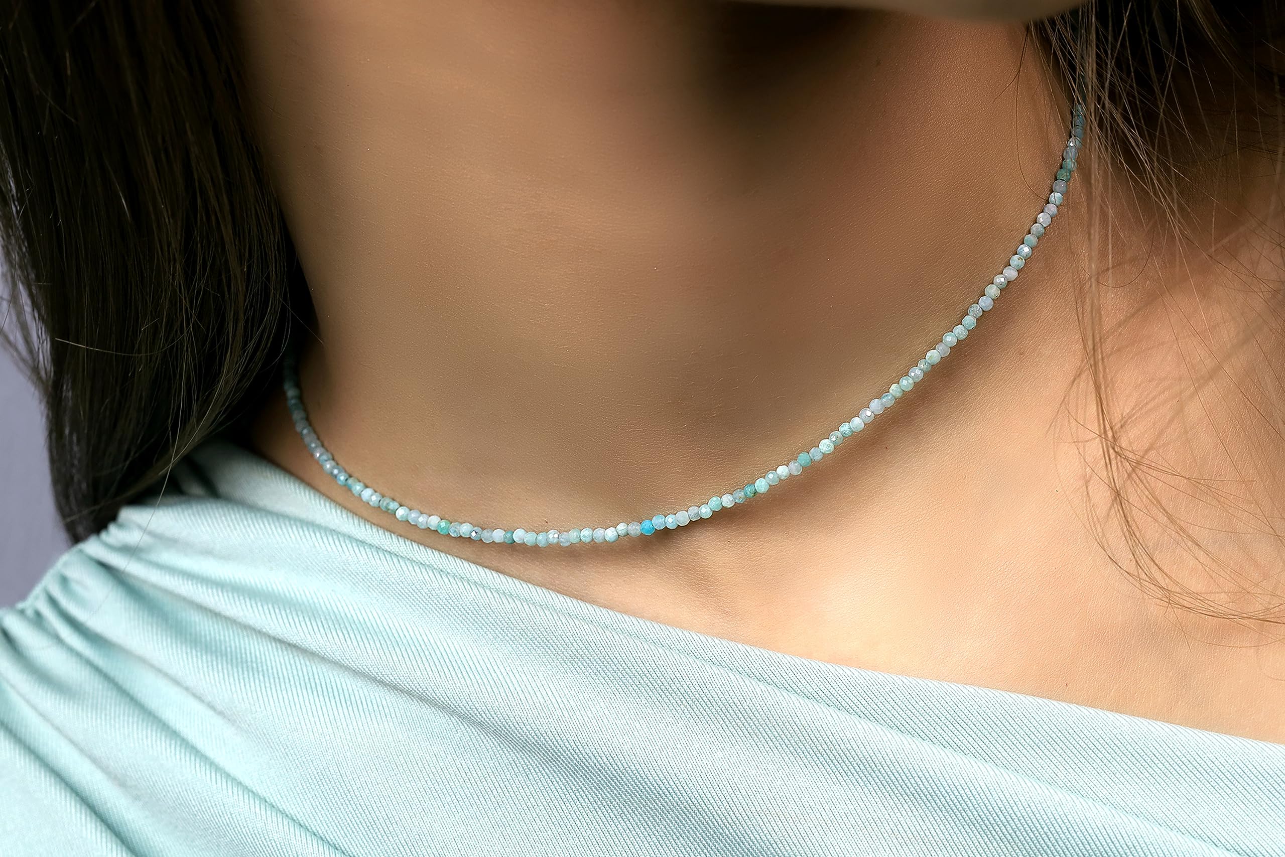 2mm Amazonite Beaded Necklace with Gold Clasp - Delicate Blue Stone Jewelry - Perfect Bridal, Bridesmaid Gift & Everyday Boho Accessory