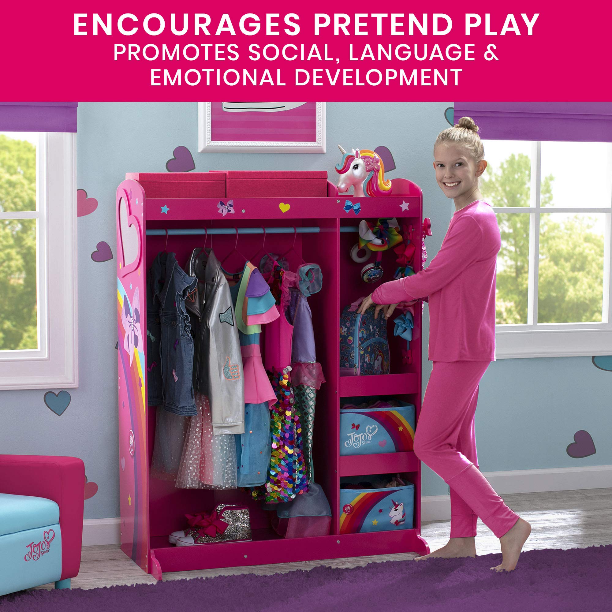 JoJo Siwa Dress Up Wardrobe for Kids - Pretend Play Costume Storage with Mirror & Shelves - Delta Children Play Boutique for Dress Up Games & Role Playing