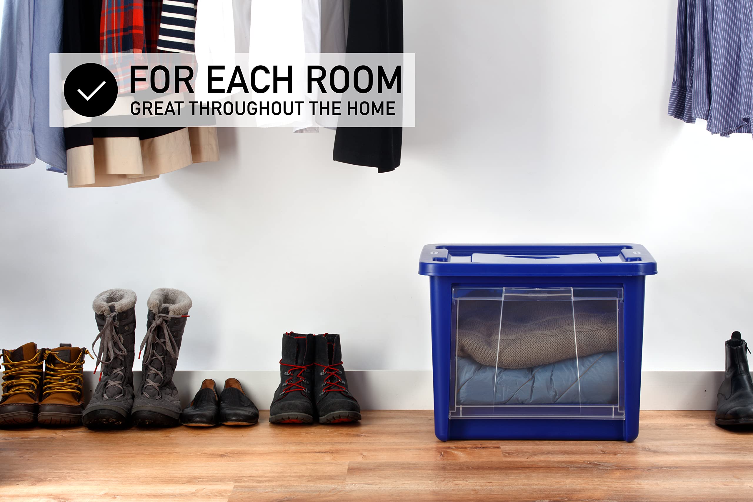Rubbermaid Medium All-Access Storage Tote with Lids (2-Pack) - Stackable Clear Drop-Down Door Organizer Bins with Carry Handles for Closet, Pantry & Home Organization - Blazer Blue with Clear Door - Perfect for Bedroom, Office & Kids' Room Storage