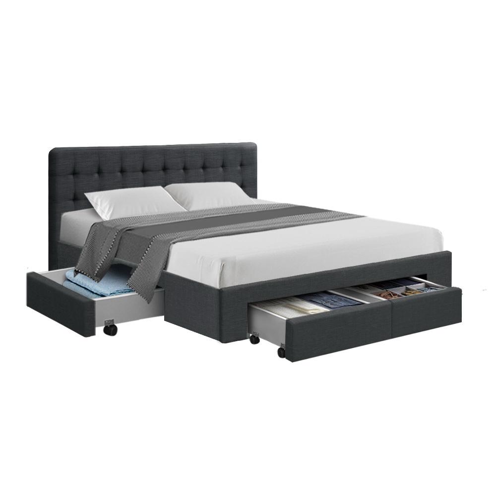 Premium Double Bed Set: Trinity Charcoal Bed Frame, Luna Series Euro Top Medium Firm Mattress & Bamboo Mattress Topper - Perfect for Master Bedrooms, Guest Rooms & Luxury Apartments