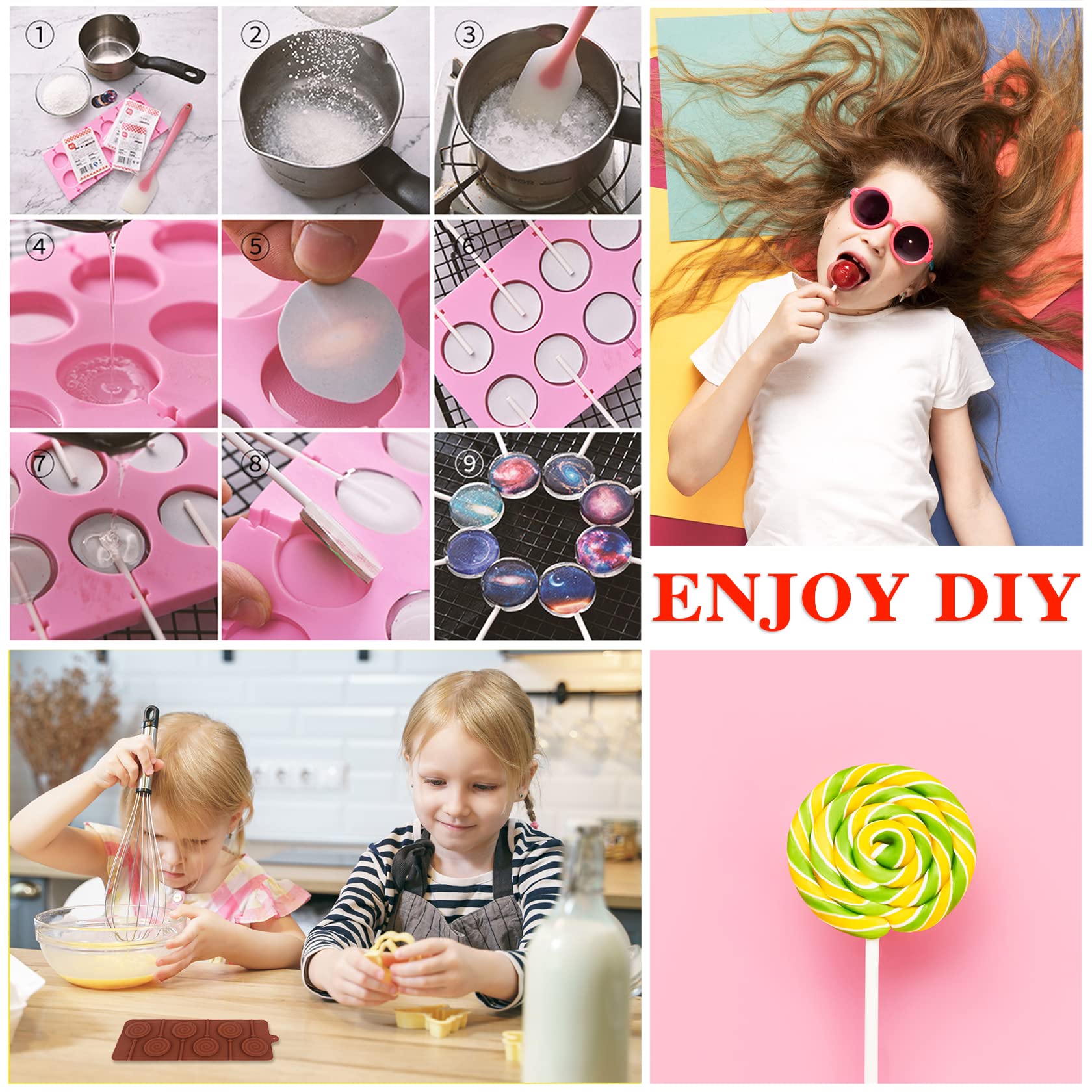 Non-Stick Silicone Lollipop Molds Set - 8 Round Candy Molds with 20 Sticks for Hard Candy, Chocolate, Jellies & Baking - Perfect for DIY Treats, Party Favors & Homemade Desserts