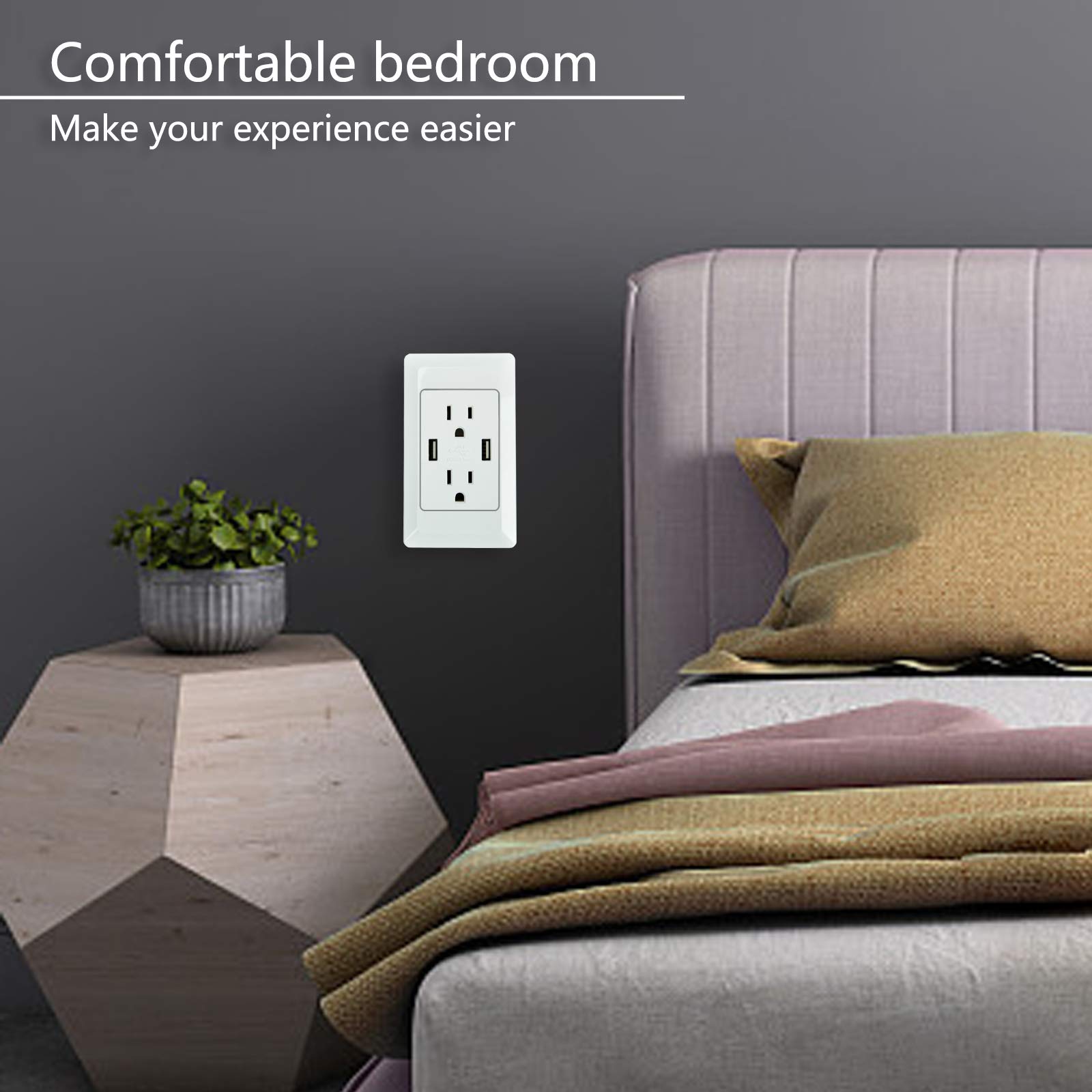 Smart USB Wall Charger Outlet with Fast Charging - Dual 2.4A USB Ports & 15A Duplex Receptacle - ETL Certified White Electrical Outlet (8 Pack) - Perfect for Home, Office, Dorm Room and Kitchen Charging Stations