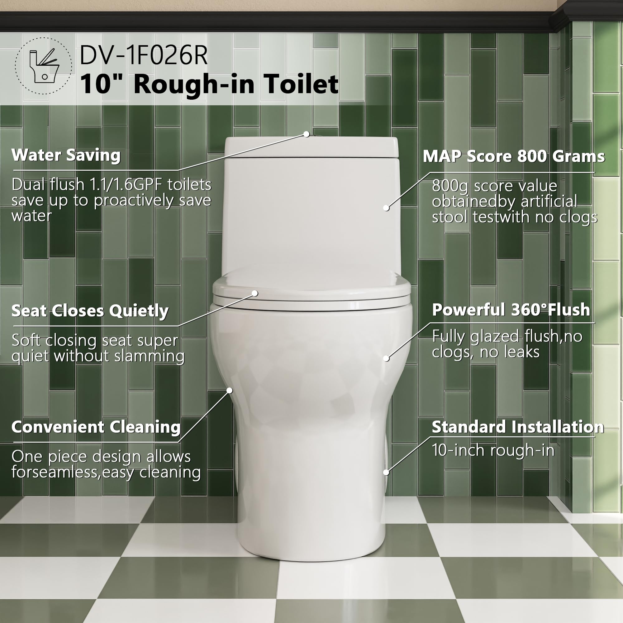 DeerValley DV-1F026R Elongated One Piece Toilet - ADA Compliant Comfort Height, Dual Flush 1.1/1.6 GPF Water Saving, Powerful & Quiet Flushing - Modern Bathroom Toilet with 10