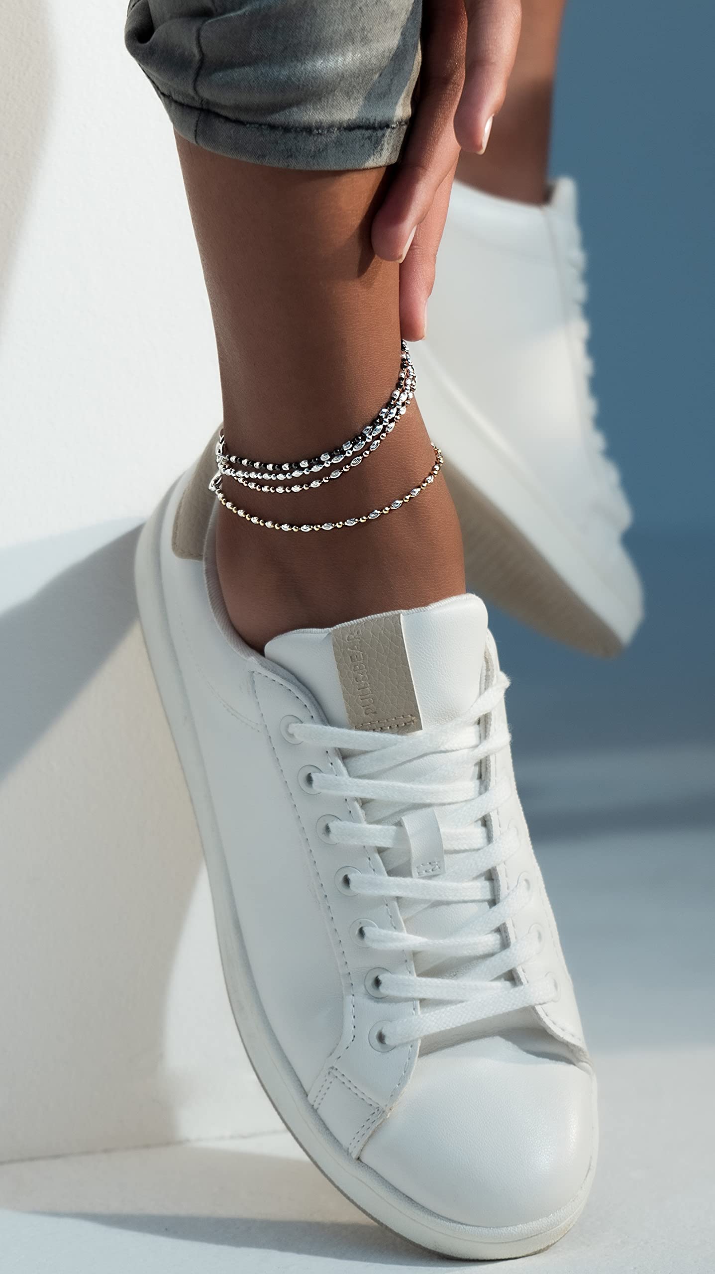 Miabella 925 Sterling Silver Diamond-Cut Oval & Round Bead Ball Chain Anklet for Women - Italian Made Elegant Ankle Bracelet | Perfect for Beach, Wedding & Everyday Wear