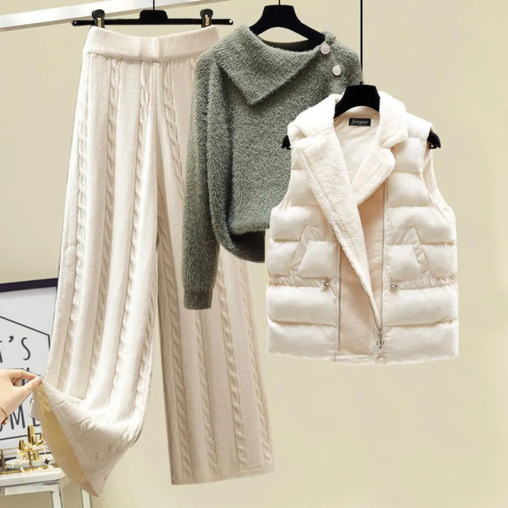2024 Winter Warm 3-Piece Knit Outfit Set for Women - Cozy Knitted Sweater, Soft Lamb Wool Vest & Stylish Wide-Leg Twist Pants | Perfect for Casual Wear, Office Outfits & Winter Fashion