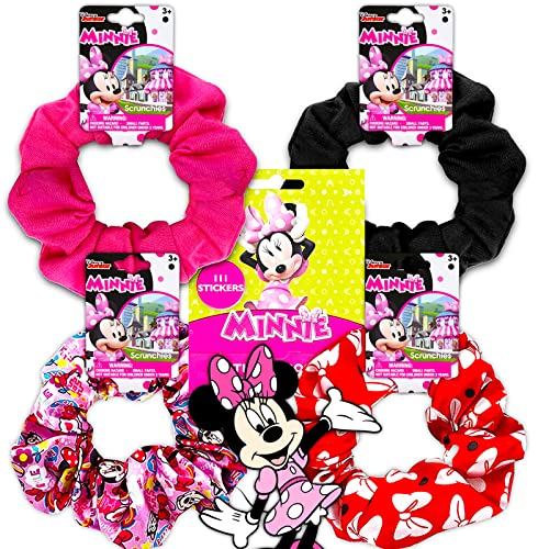 Disney Minnie Mouse Hair Scrunchies 4-Pack - Red & Pink Assortment with 100+ Stickers | Girls Hair Accessories for School, Parties & Everyday Wear
