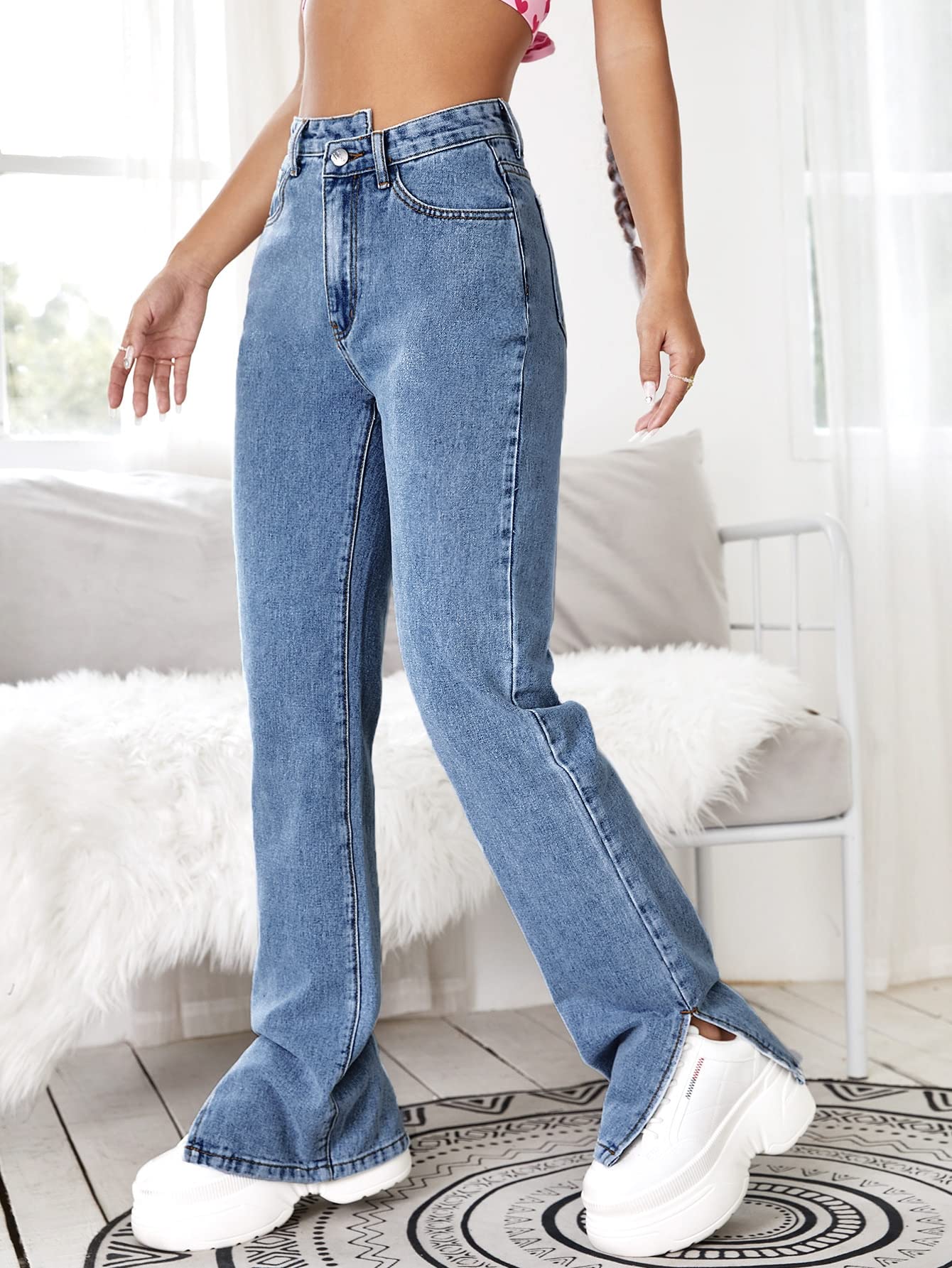 WDIRARA Women's High Waist Asymmetrical Split Side Long Denim Jeans - Trendy Stretch Skinny Pants for Casual Outfits & Night Out
