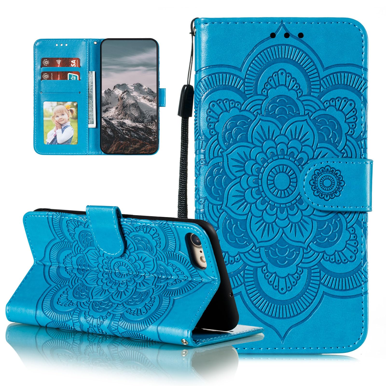 Premium EYZUTAK Mandala Leather Flip Wallet Case for iPhone SE (5G) 2022/iPhone 7/8/SE 2020 - Slim Magnetic Stand Cover with Card Slots & Lanyard (Blue Embossed Design) | Perfect for Daily Use, Travel & Business Meetings