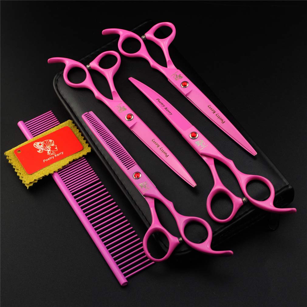 Professional Stainless Steel Pet Grooming Scissors Set - 4 Piece Dog & Cat Grooming Kit with Straight, Thinning & Curved Scissors | Perfect for Home Pet Haircuts, Trimming & Styling