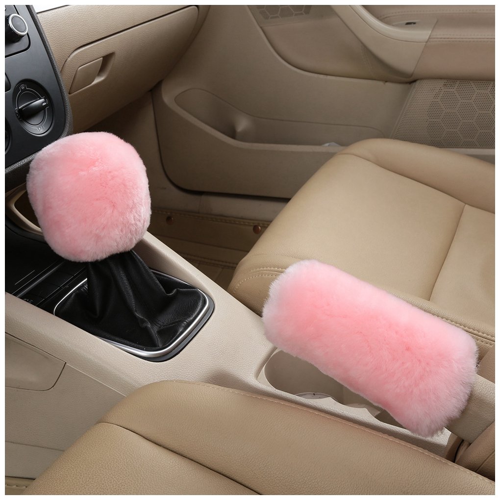 Dotesy Genuine Sheepskin Steering Wheel Cover Set - 3 Piece Auto Accessories with Gear Shift & Handbrake Covers | Universal Fit for 15 Inch Wheels | Premium Australian Wool | Soft & Comfortable Driving Experience | Perfect for Winter Warmth & Luxury Car Interior Upgrade (Pink)