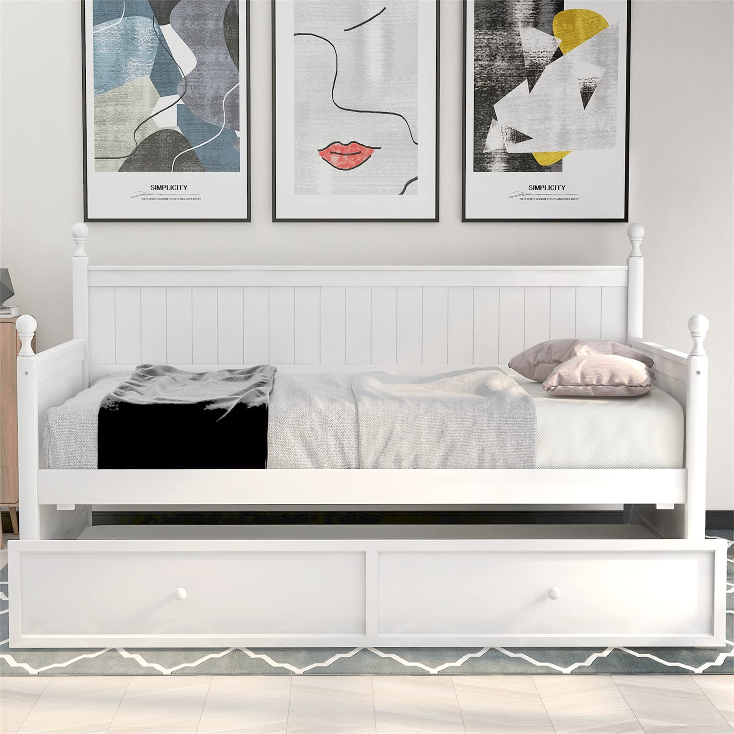 Twin Daybed with Trundle - Solid Wood Daybed Frame for Living Room & Bedroom - Convertible Sofa Bed for Kids, Guests & Sleepovers - Twin Size White - Perfect for Small Spaces & Overnight Visitors