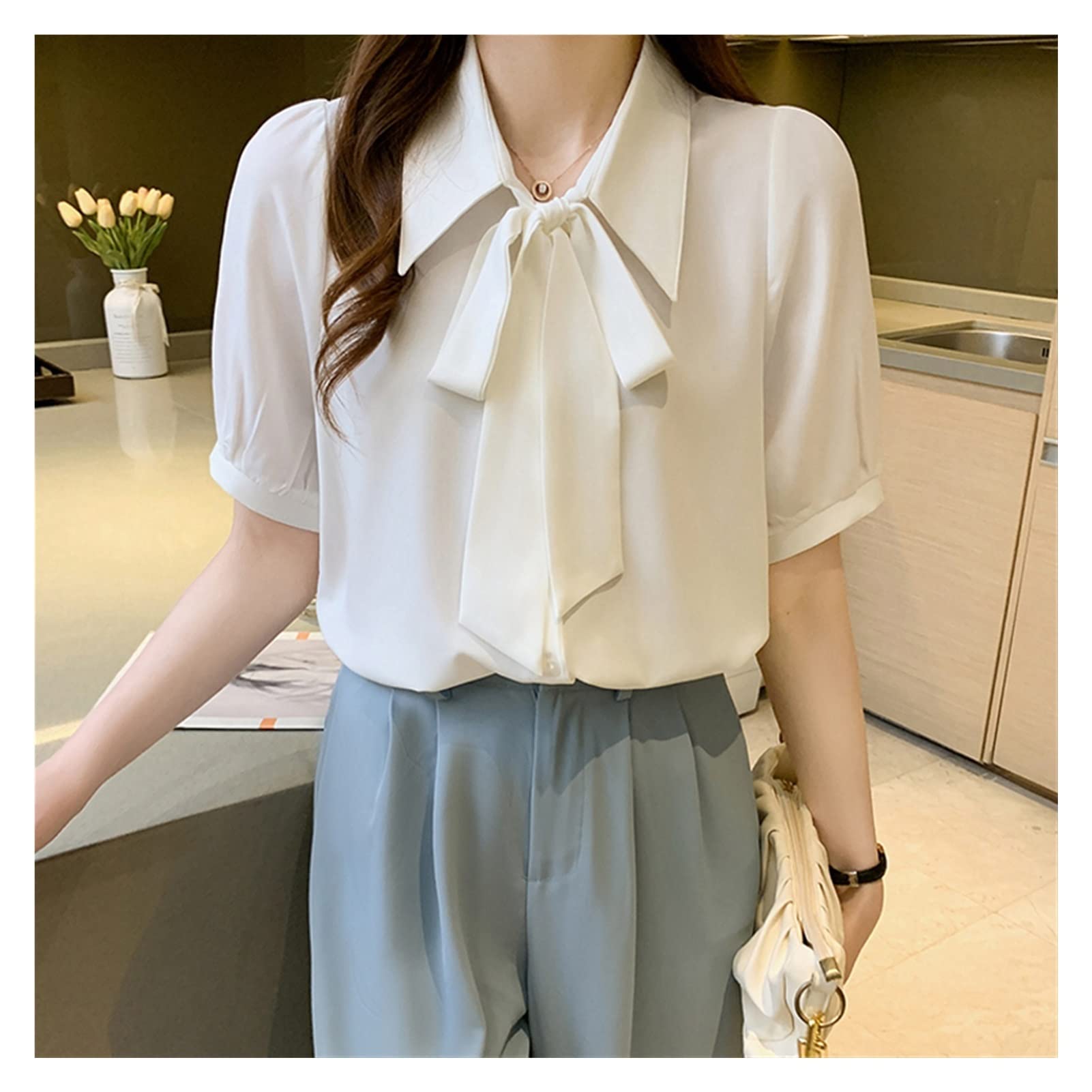 Women's White Chiffon Summer Shirt - Hong Kong Style Tie Neck Short Sleeve Blouse for Office & Commuting | Professional Workwear & Casual Outfits | Size M (White)