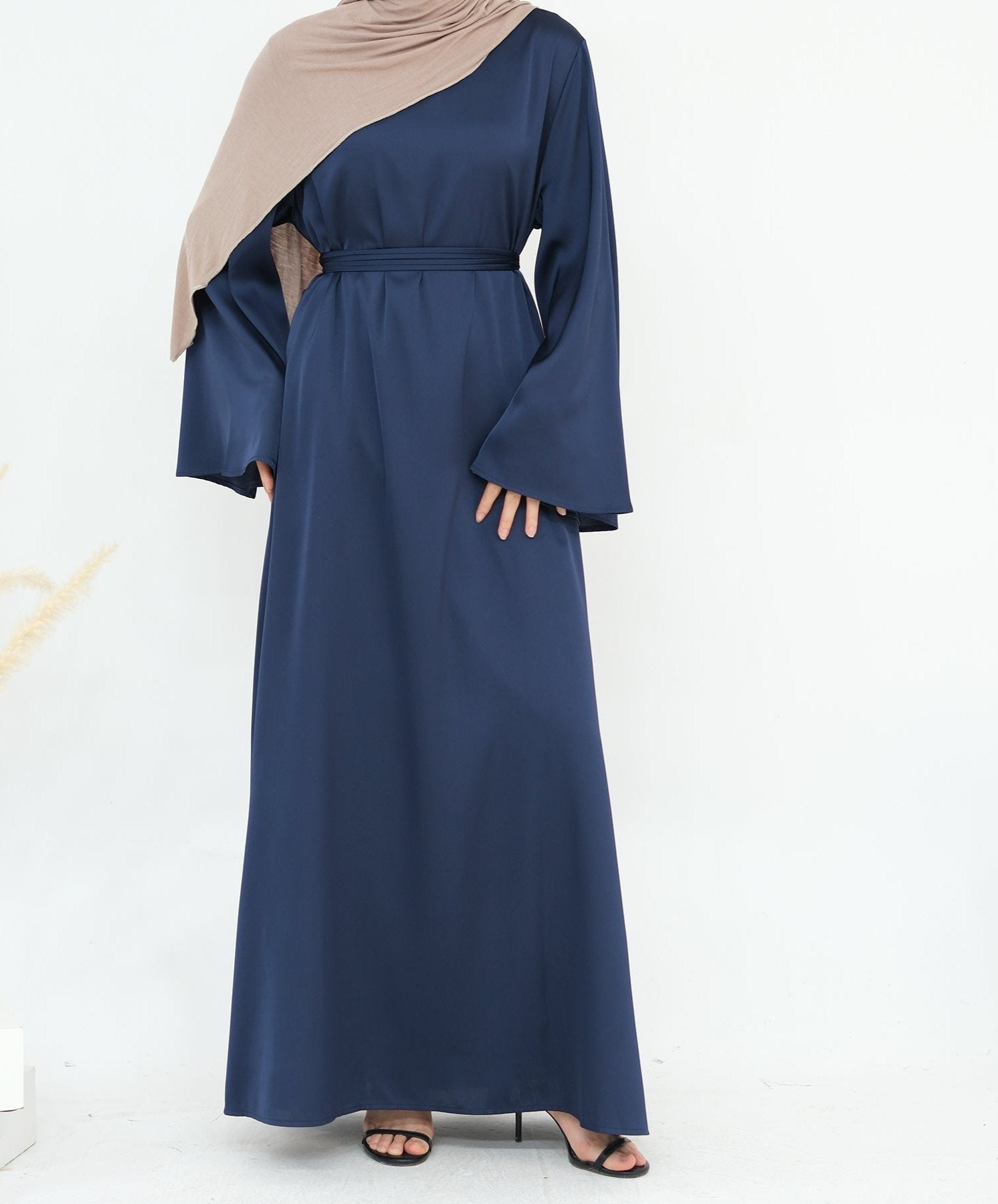 Elegant Calista Trumpet Sleeves Satin Dress in Denim Blue - Perfect for Weddings, Parties & Special Occasions