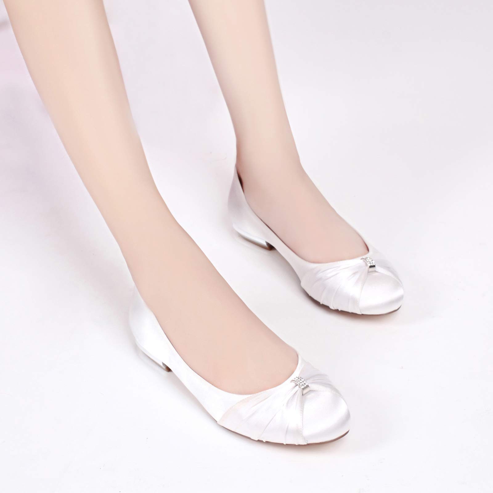 Elegant Women's Satin Slip-On Bridal Shoes with Rhinestone Bow - Comfortable Ballet Flats for Wedding, Bridal Shower & Special Occasions