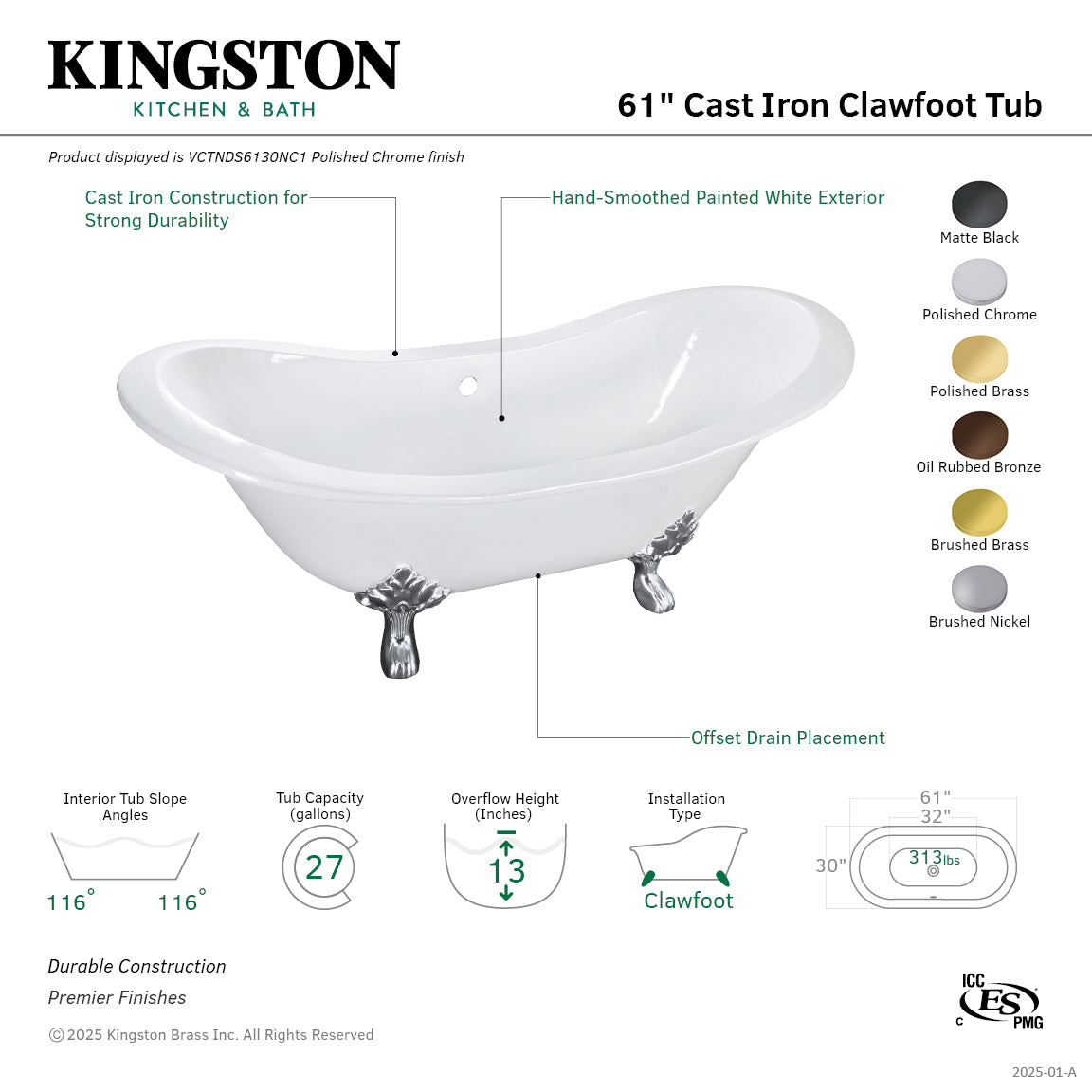 Aqua Eden 61 Inch White Matte Black Cast Iron Oval Double Slipper Clawfoot Bathtub - No Faucet Drillings | Vintage Freestanding Soaking Tub for Luxury Bathroom & Spa Retreat