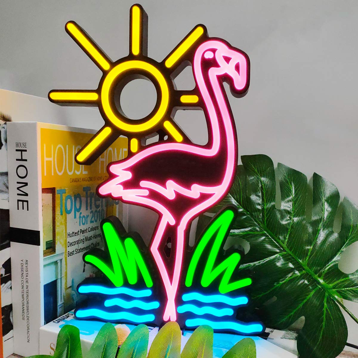 Sanyan Flamingo Sun Grass Waves LED Neon Light - USB Powered Art Deco Table Lamp & Wall Sign - Night Light for Home, Bedroom, Kids Room, Party Decor - 31x22cm - Perfect for Bedroom Ambiance, Teen Room Decor, and Themed Party Lighting