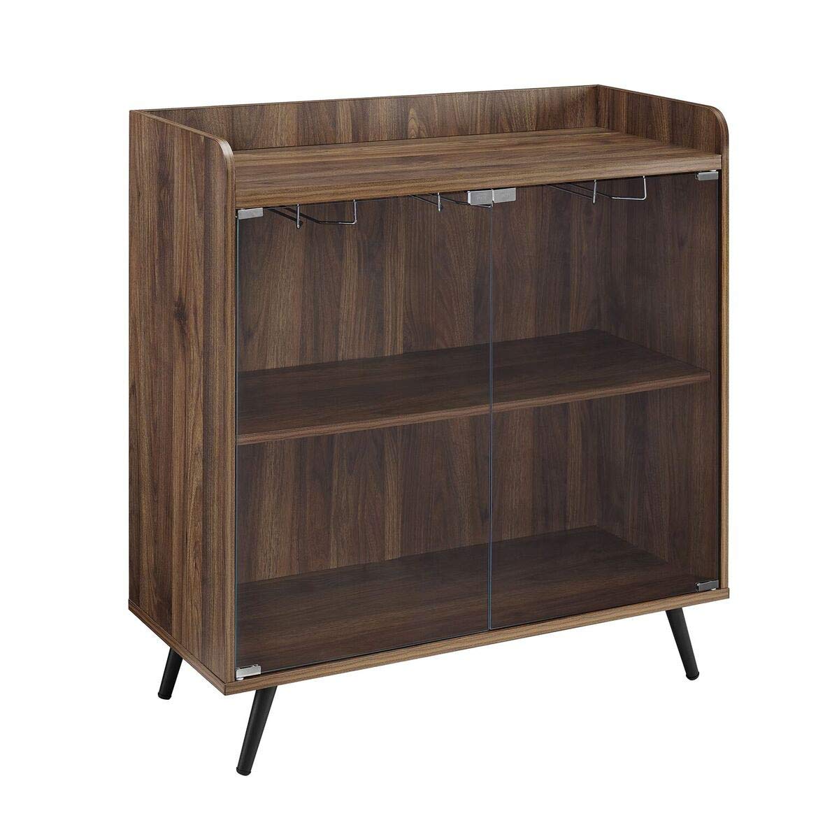 Walker Edison Margot Mid Century Modern Double Glass Door Bar Cabinet - 30 Inch Dark Walnut - Stylish Home Bar Storage for Living Room, Dining Room & Office