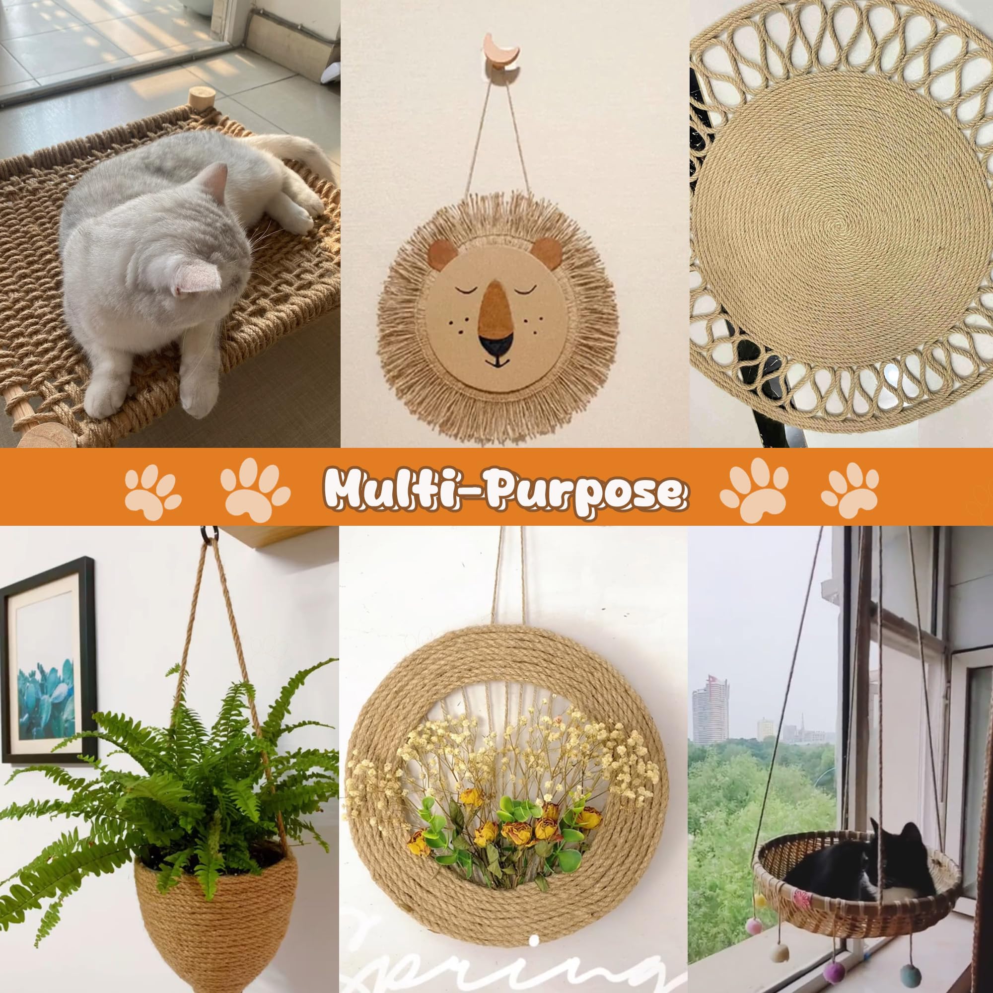Natural 6mm Thick 164FT/50M Sisal Rope for Cat Scratcher & Scratch Post Repair - Durable Jute Rope for DIY Cat Tree Tower, Scratching Post & Cat Furniture - Perfect for Indoor Cat Play & Scratching Needs