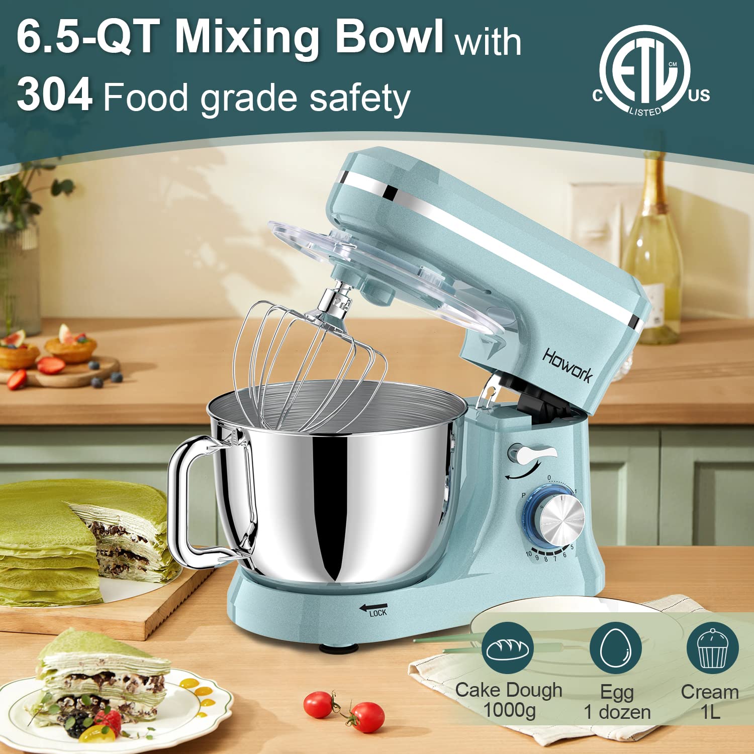 HOWORK 6.5QT Stand Mixer - 10+ Speed Electric Kitchen Mixer with Stainless Steel Bowl, Dough Hook, Wire Whip & Beater - Perfect for Baking, Cooking, Meal Prep & Home Kitchen Use (Blue)
