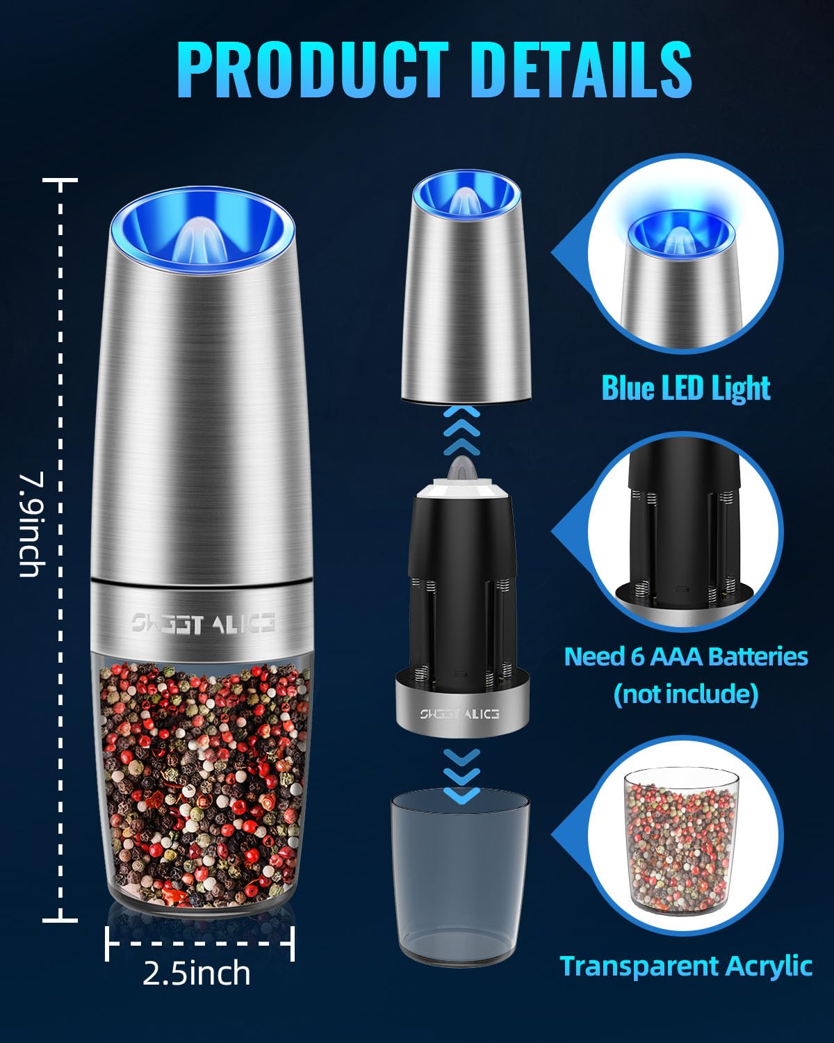 Premium Electric Salt and Pepper Grinder Set - Battery Powered with Adjustable Coarseness & LED Light - One Hand Automatic Operation - Stainless Steel Mill for Kitchen, Dining Table, or Outdoor BBQ (Silver)