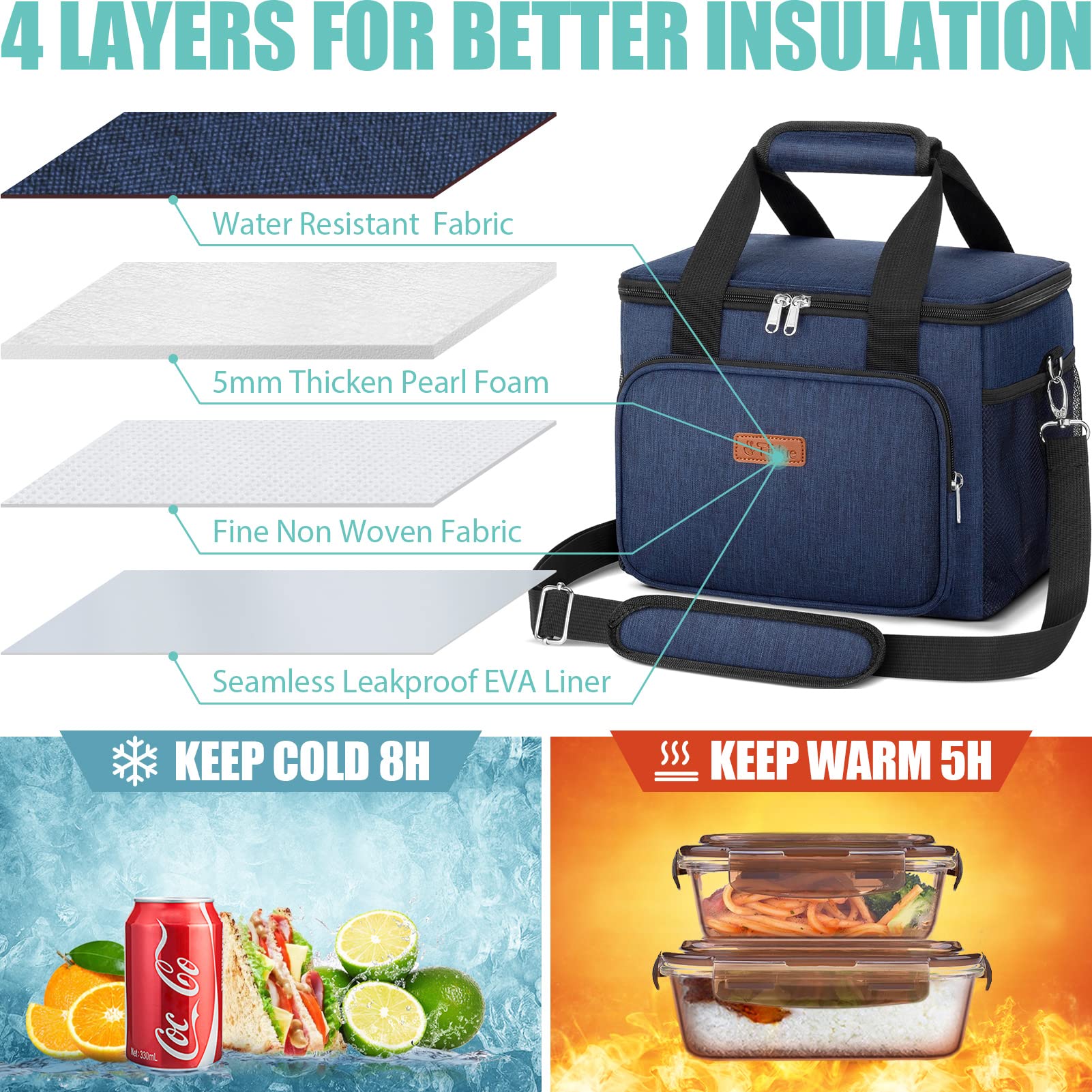 Insulated Lunch Bag for Women & Men - Reusable Leakproof Cooler Tote for Office, School, Picnic & Beach - Freezable Lunch Box with Adjustable Shoulder Strap for Kids & Adults - Navy Blue | Perfect for Work Commutes, School Lunches & Outdoor Activities