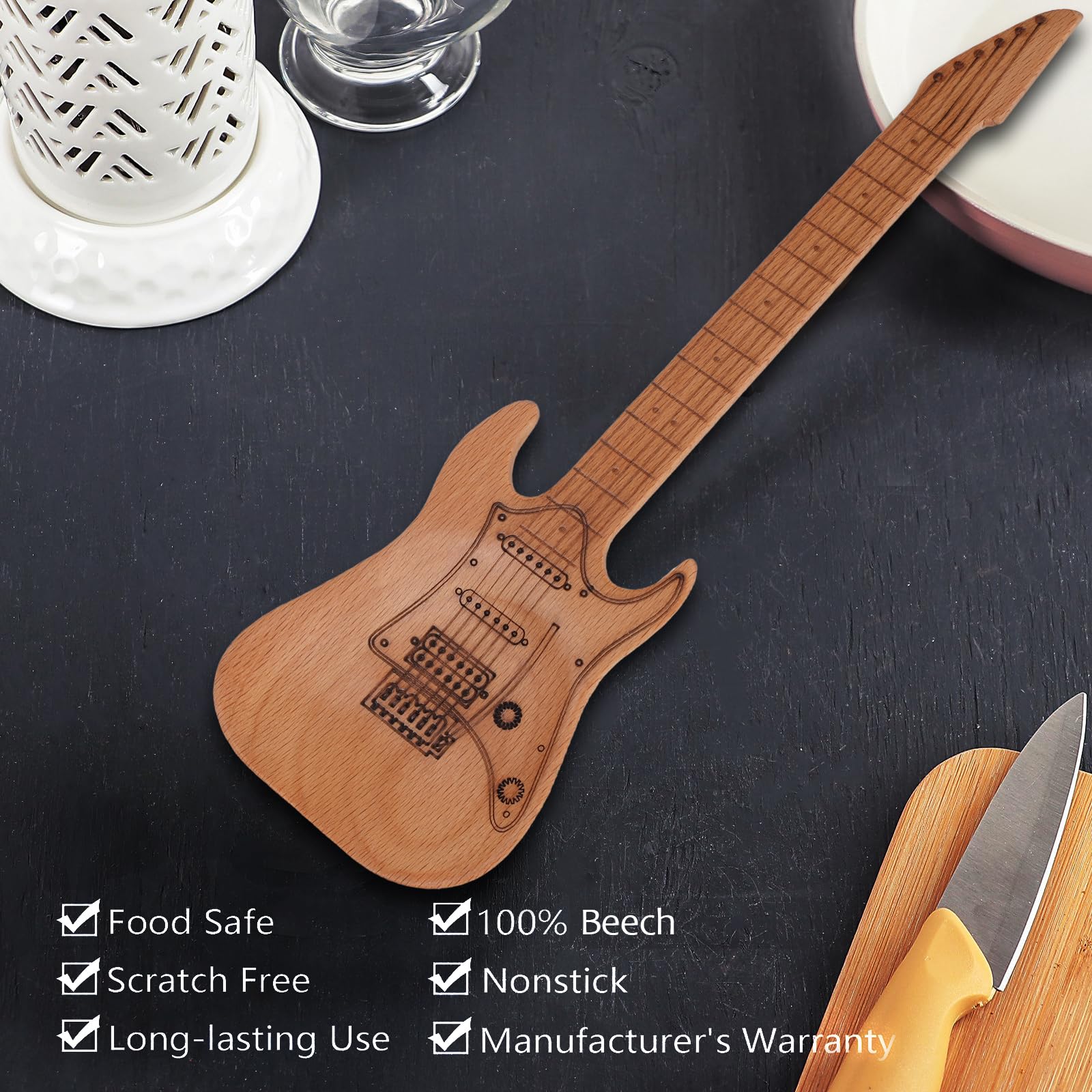 Electric Guitar-Shaped Wooden Spatula & Salad Server - 10.5