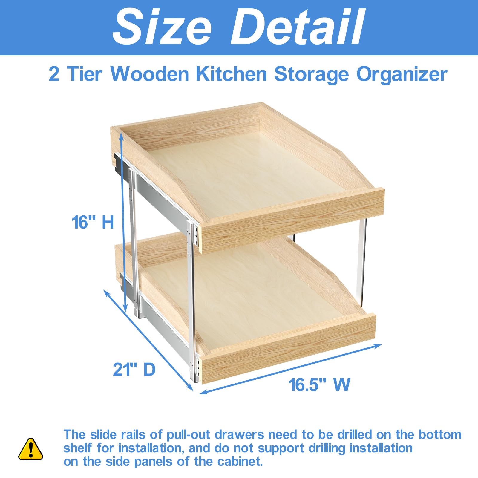 ROOMTEC 2-Tier Pull Out Cabinet Organizer - Double Layer Slide Out Wooden Kitchen Cabinet Organizer with U-Bracket - Under Sink & Pantry Storage Solution (16.5