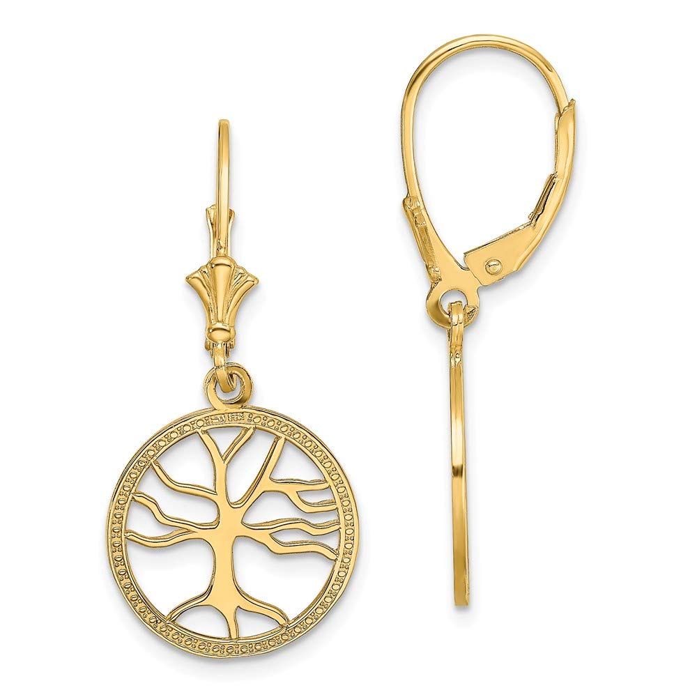 14K Yellow Gold Tree of Life Round Frame Leverback Earrings - Elegant Cut-Out Design for Women, Perfect for Weddings, Parties & Everyday Wear