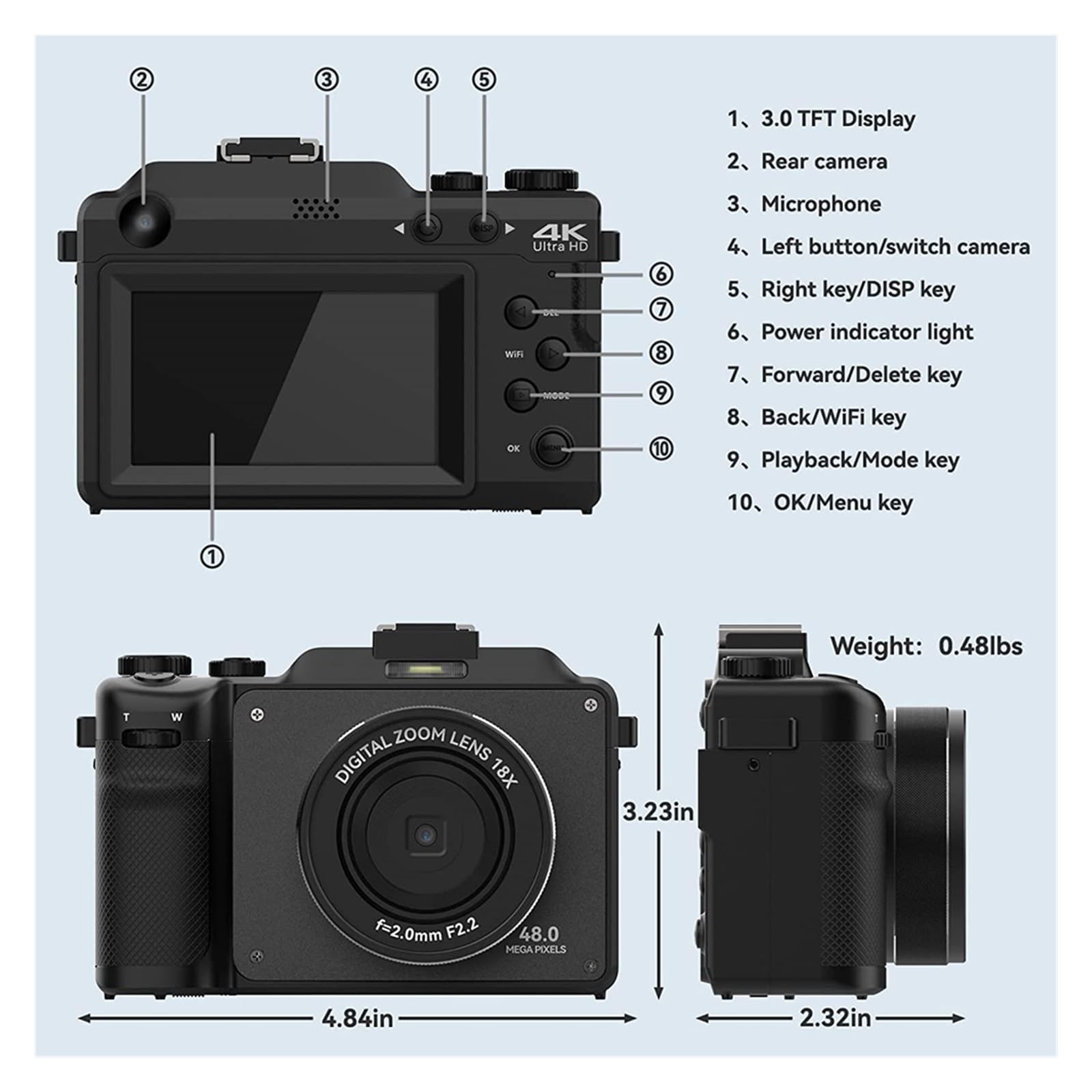 48MP Wide Angle Video Camera with Dual Lens - 4K WiFi Digital Camera for Photography, 18X Zoom, DIY Frame, Front & Rear Selfie Camcorder (128GB Included) - Perfect for Vlogging, Travel & Outdoor Adventures