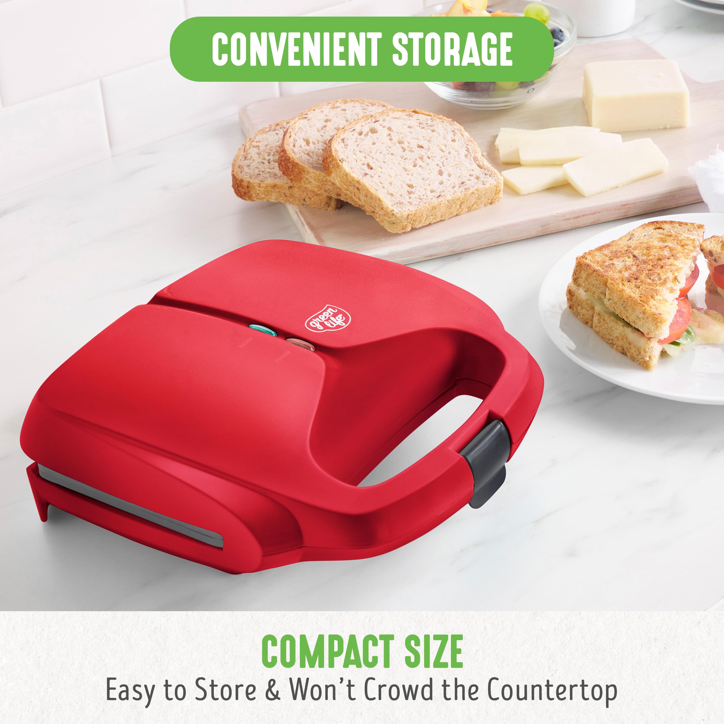 GreenLife Pro Electric Panini Press Grill & Sandwich Maker - Healthy Ceramic Nonstick Plates, PFAS-Free, Easy Indicator Light - Perfect for Grilled Cheese, Paninis, Sandwiches & Breakfast Cooking (Red)