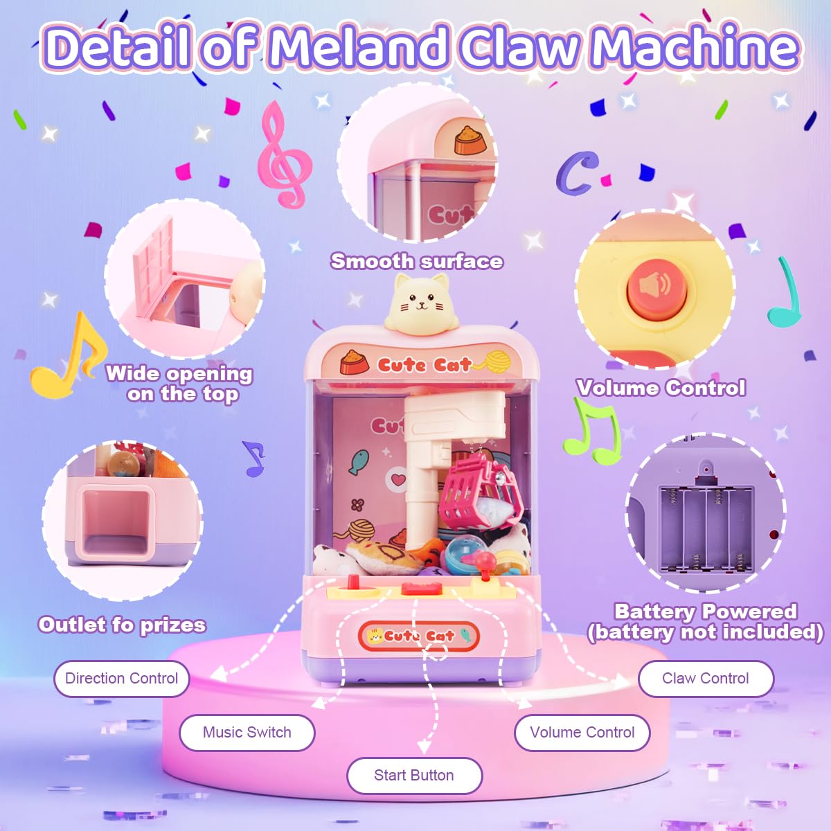 Meland Mini Claw Machine for Kids - Interactive Vending Machine Toy with Prizes & Sound Effects | Fun Birthday Gift for Girls & Boys | Perfect for Birthday Parties, Arcade Games & Home Entertainment (Cat-Themed Claw Machine)