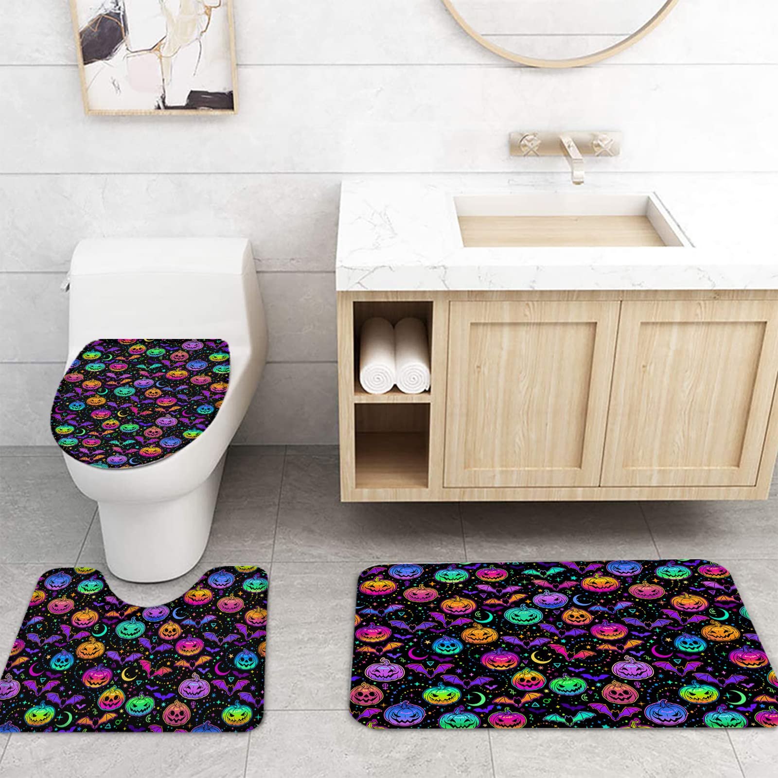 **4-Piece Halloween Pumpkin Grimace Bat Bathroom Mat Set - Non-Slip Shower Curtain, Toilet Seat Cover & Large Rugs (72x72in) - Spooky Bathroom Decor for Halloween & Fall Season**