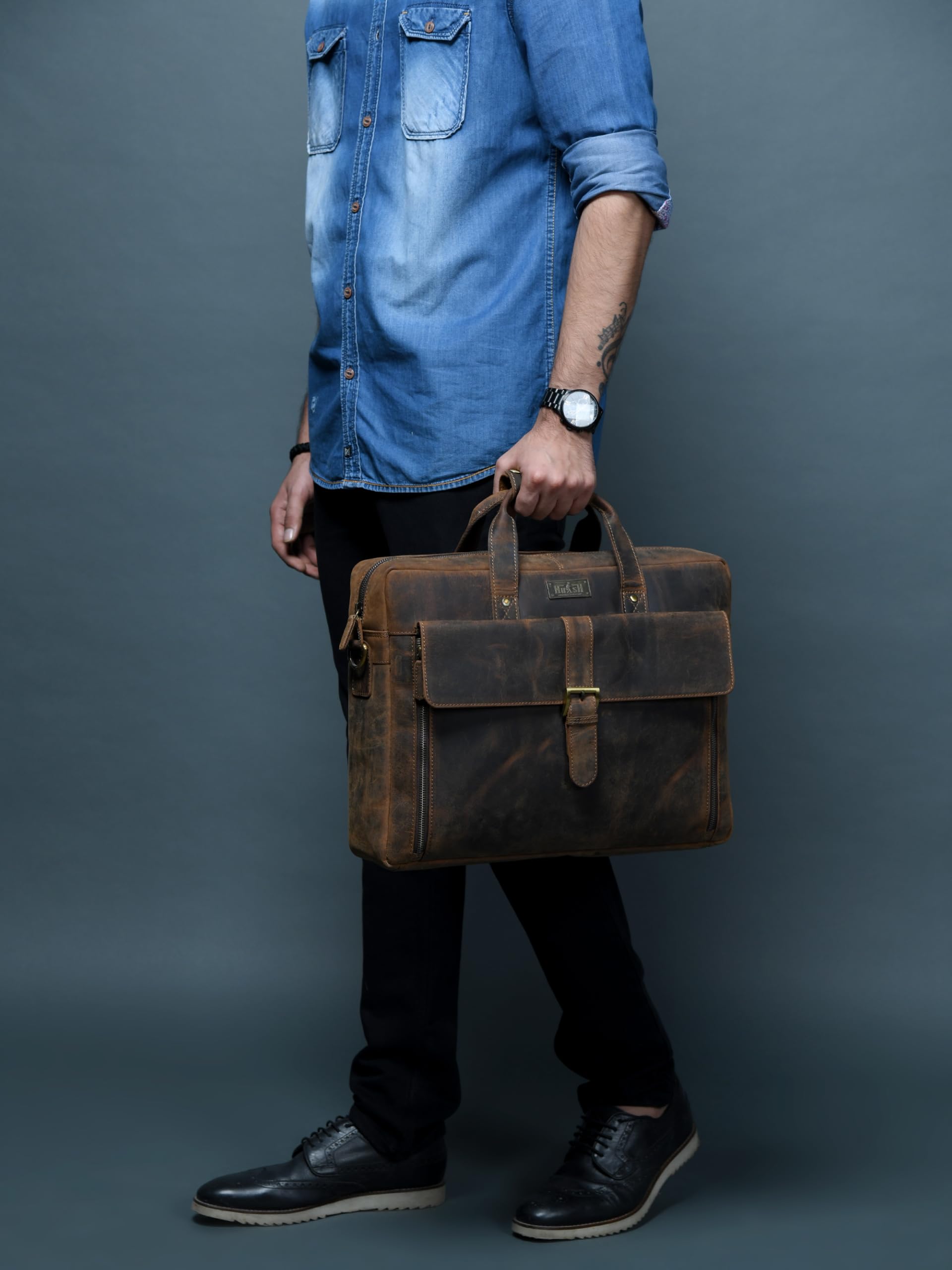 Premium Genuine Leather Briefcase for Men - 17 Inch Laptop Bag for Business & Office - Professional Work Bag for MacBook, Business Travel & Daily Commute