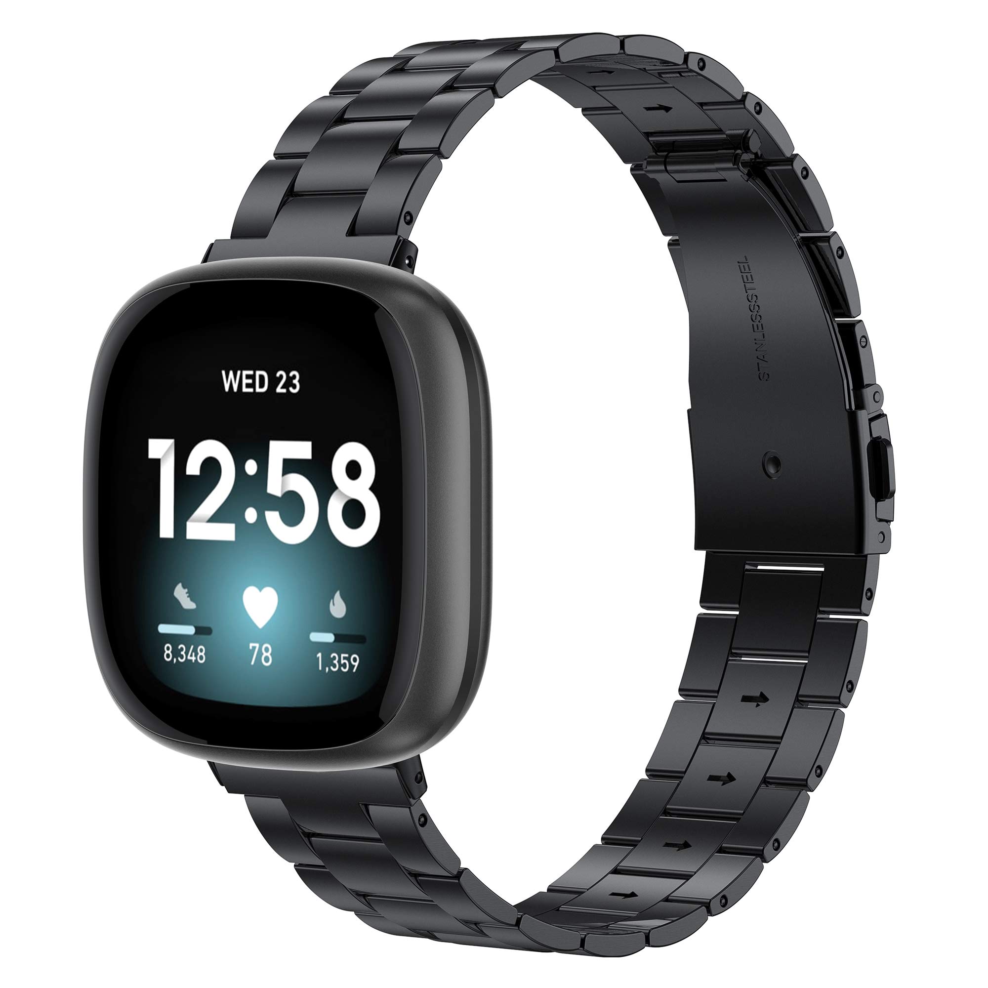 Wearlizer Compatible Fitbit Sense/Sense 2/Versa 3/Versa 4 Bands - Ultra Thin Lightweight Stainless Steel Metal Watch Band Strap for Women & Men (Black) | Perfect for Workouts, Office Wear & Everyday Fashion Accessory