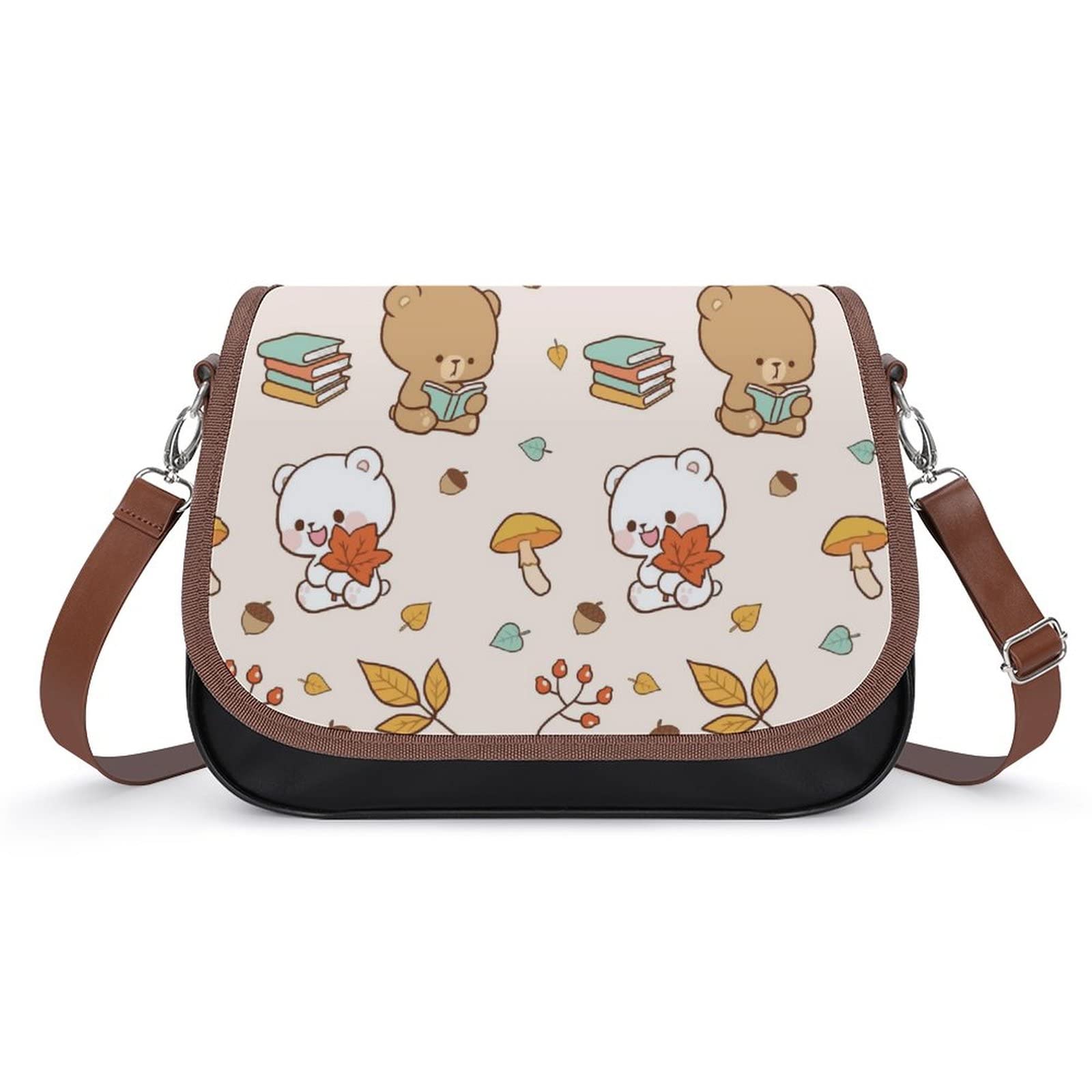 Women's Leather Crossbody Bag - Designer Shoulder Messenger Purse with Printed Flap Bear & Autumn Maple Leaf Pattern - Perfect for Daily Use, Travel, and Fall Fashion Accessories