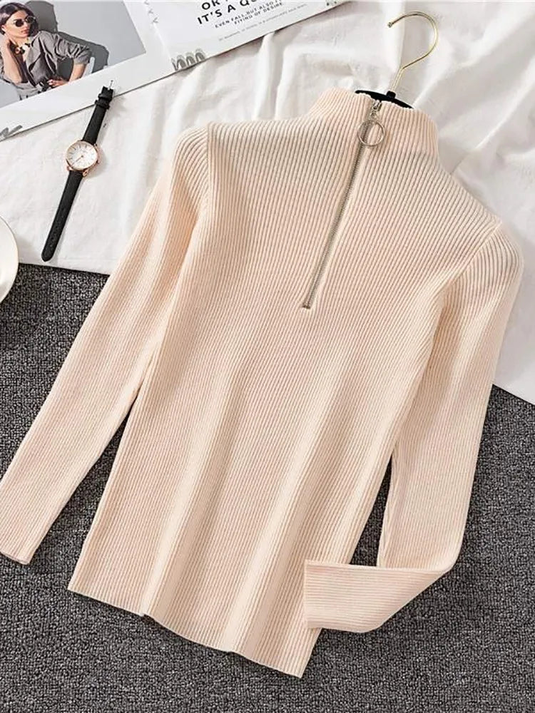 Vintage Solid Knitted Long Sleeve Zip-Up Half Turtleneck Sweater for Women - Cozy Winter Pullover for Casual Outfits & Office Wear