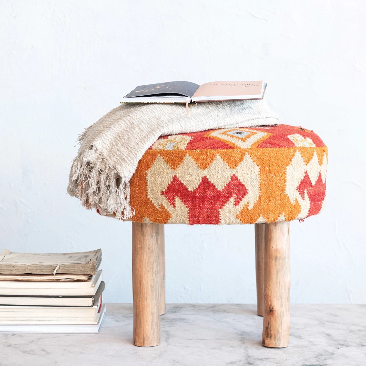 Handmade Cotton & Wool Kilim Upholstered Stool - Bohemian Ottoman Footrest, Decorative Accent Piece for Living Room, Bedroom & Home Office
