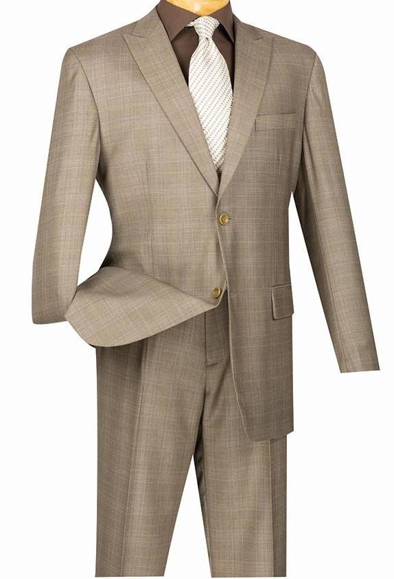 Pommy Collection Men's Glen Plaid 2-Piece Dress Suit Set - Regular Fit Tan Business Formal Attire for Weddings, Office & Special Occasions