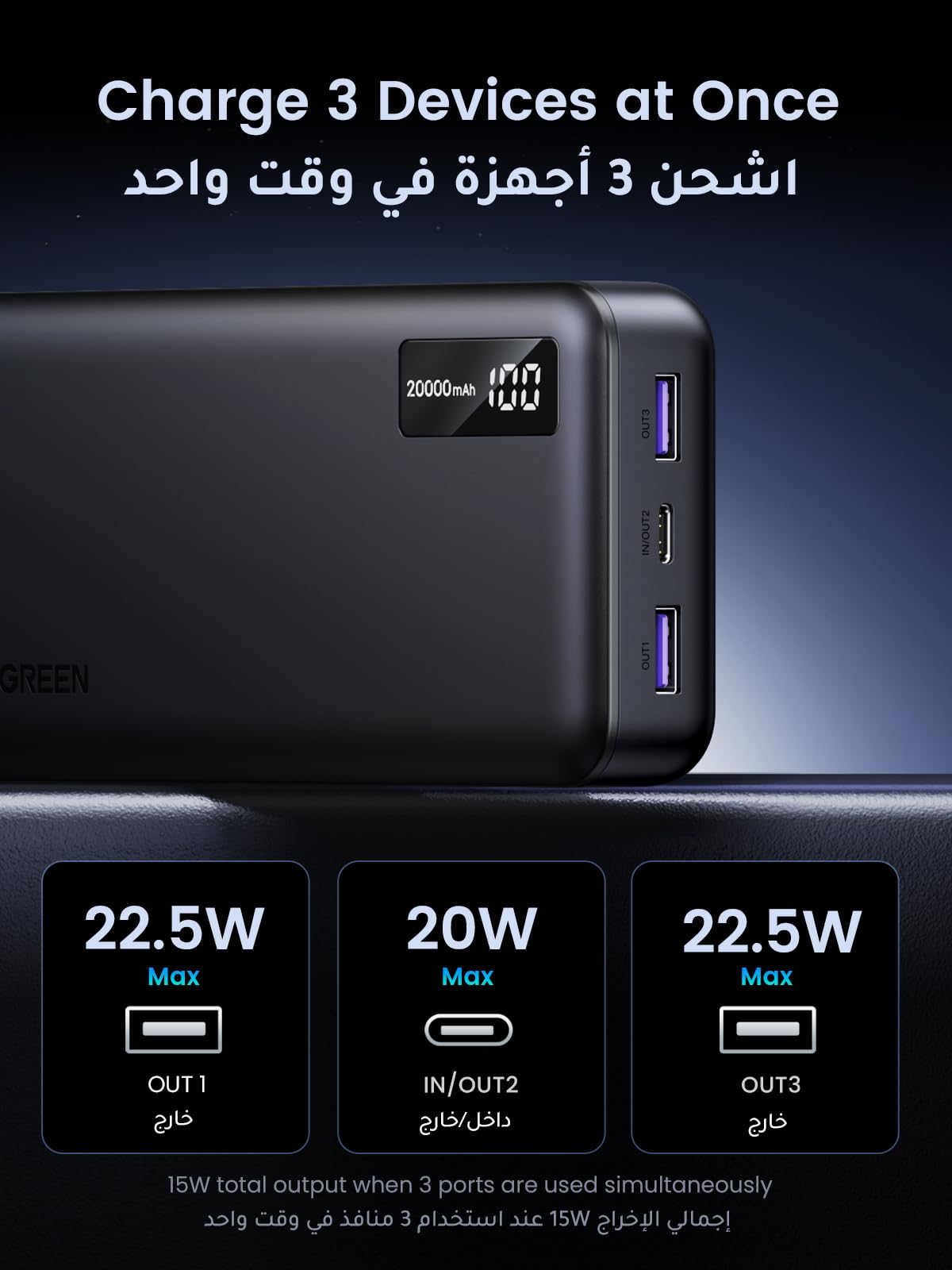 UGREEN 20000mAh Power Bank with 22.5W PD 3.0 Fast Charging, USB C Input/Output & Digital Display - Portable Charger for iPhone 16 Series, Galaxy S25U/S25/S24, iPad, AirPods | Perfect for Travel, Camping & Emergency Power Backup