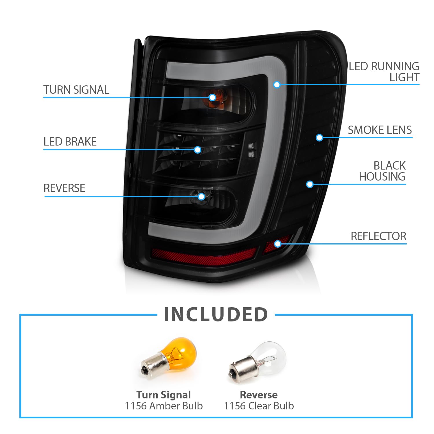 1999-2004 Jeep Grand Cherokee C-Type LED Tube Tail Lights - Dark Black Replacement Set (Driver & Passenger Side) | Enhanced Visibility & Stylish Upgrade for Off-Road Adventures & Night Driving