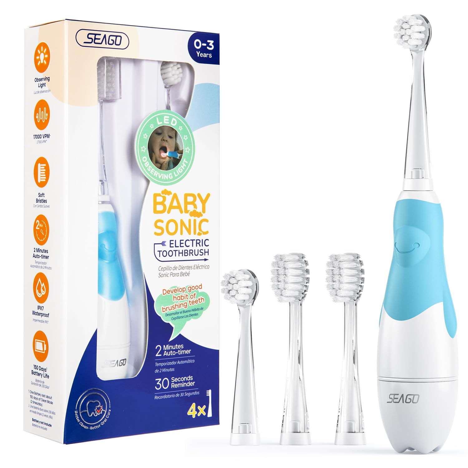 SEAGO Electric Toothbrush for Kids Ages 1-3 | Baby Toothbrush with LED Timer & Sonic Technology | 4 Replacement Brush Heads (Blue) | Gentle Cleaning for Toddler's First Teeth | Perfect for Bath Time & Morning Routines
