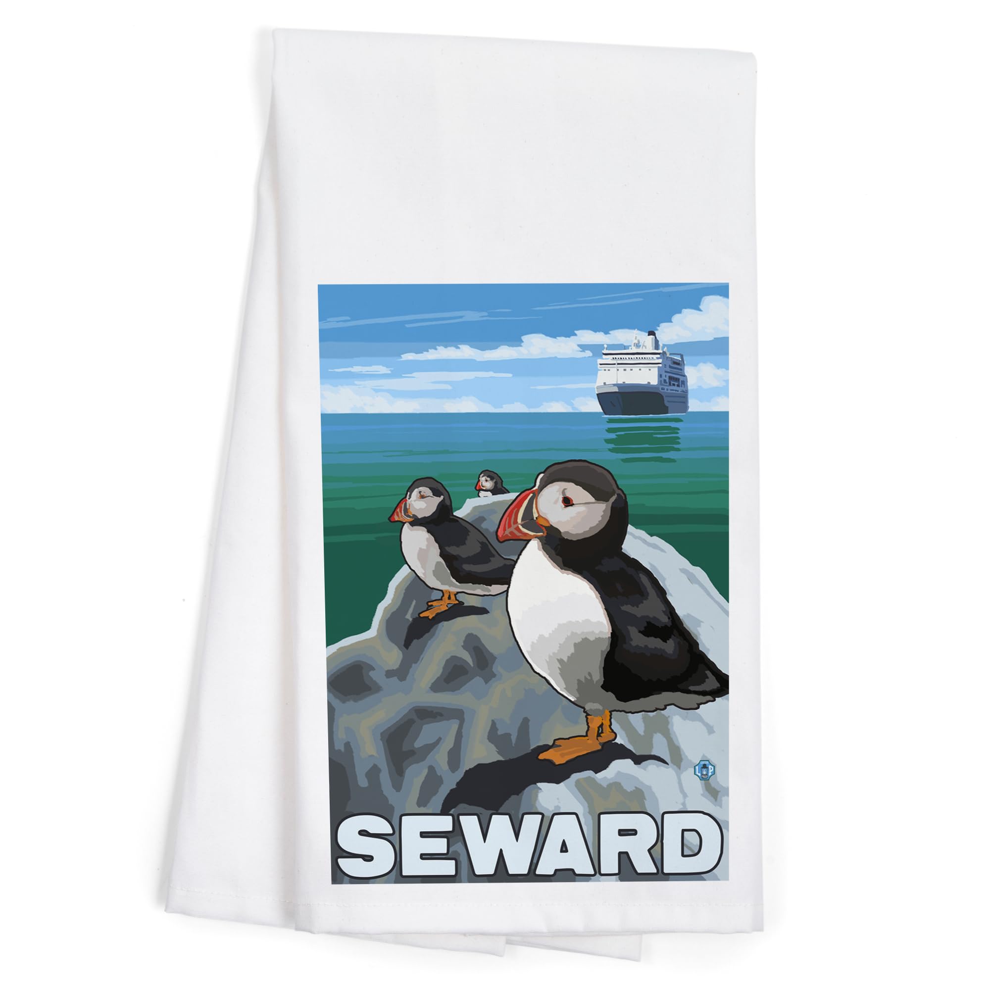 Lantern Press Puffins and Cruise Ship Seward Alaska - 100% Cotton Tea Towel, Decorative Hand Towel for Kitchen & Home - Perfect for Dish Drying, Gift Giving, and Coastal Decor