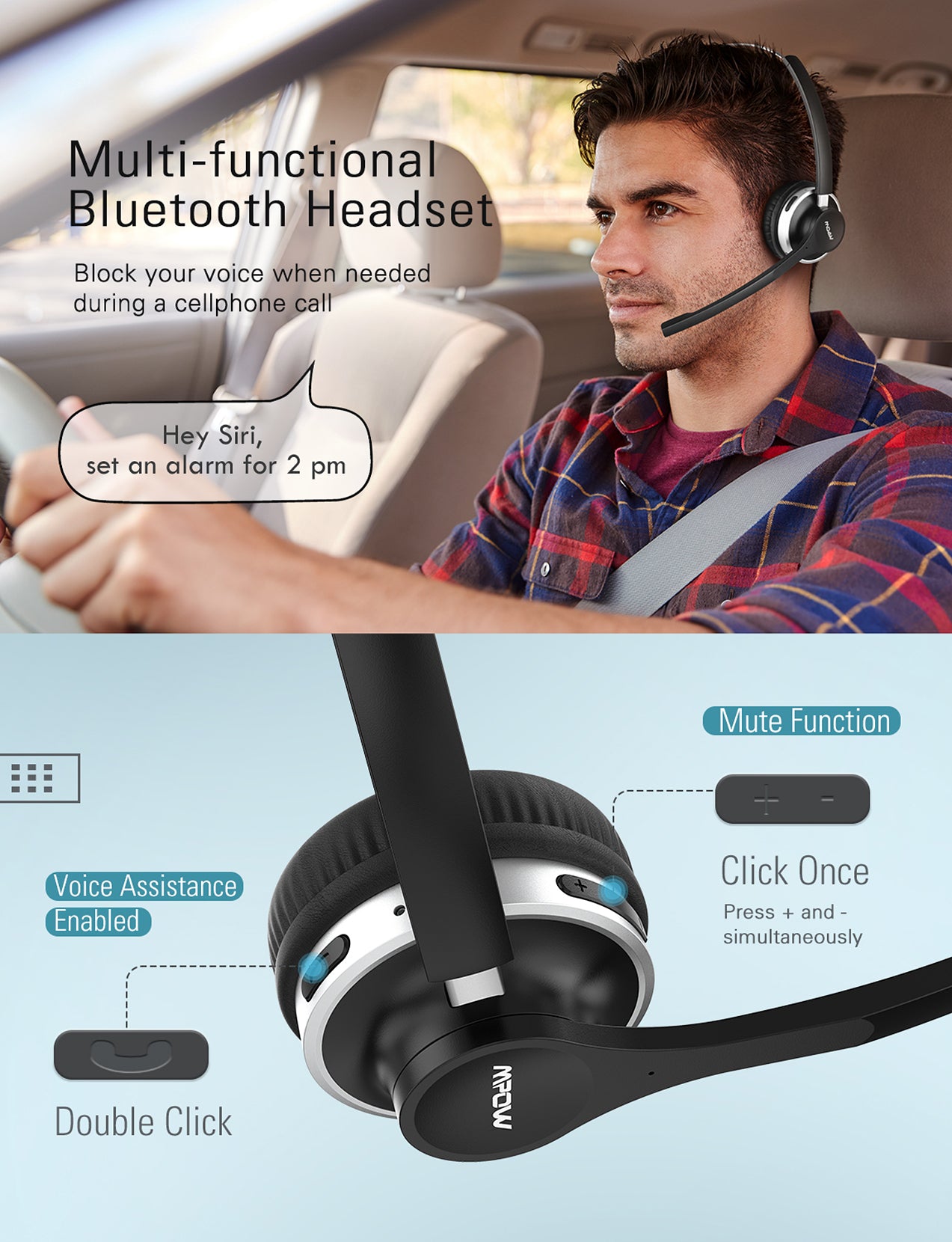 Mpow HC3 Bluetooth Headset with Charging Dock - Wireless & Wired Option - Noise Cancelling Headphones for Office, Driving, Gaming & Calls (Wholesale Available)