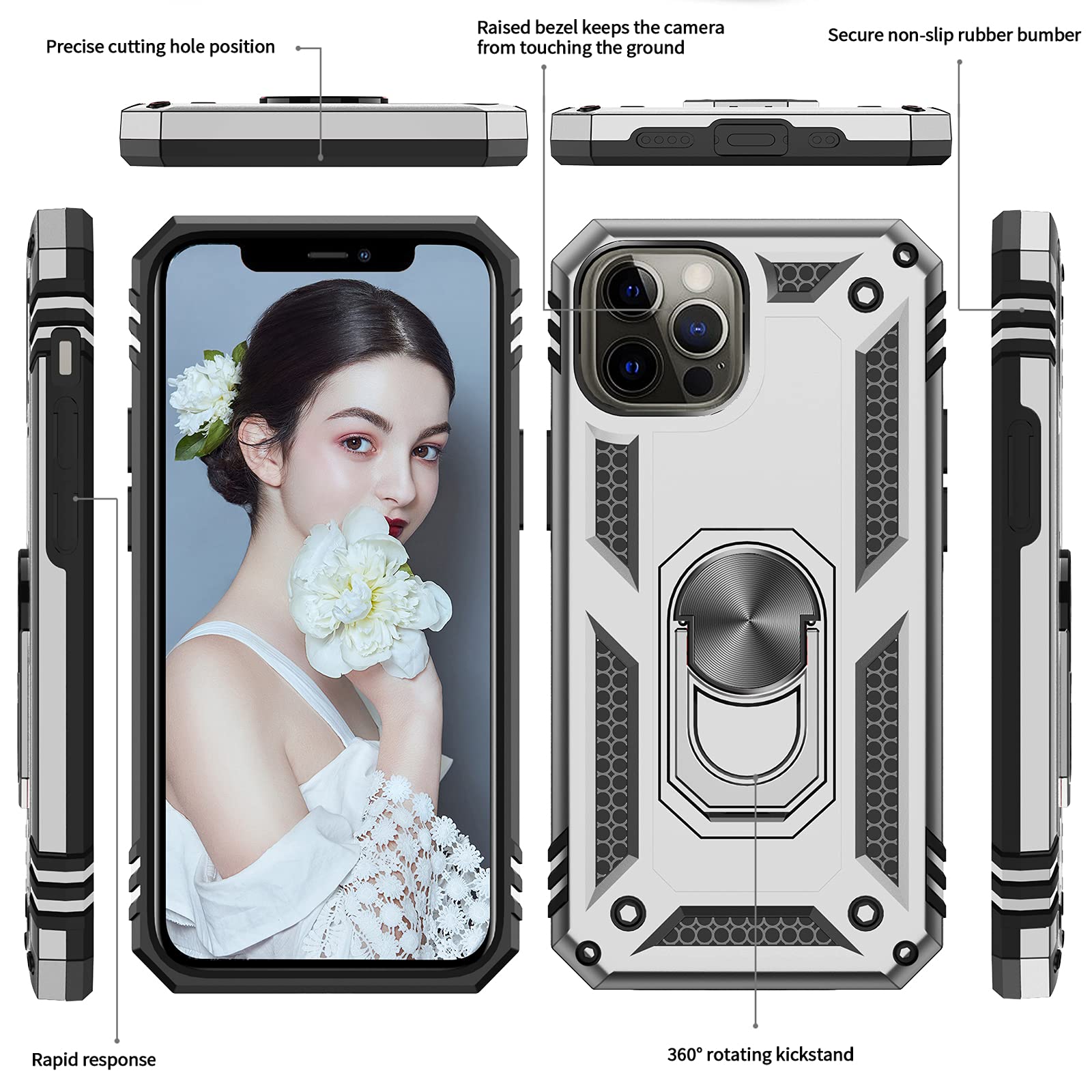 Military-Grade iPhone 12 Pro Max Case with Kickstand - 2 Pack Tempered Glass Screen Protector & Camera Lens Protector | Shockproof Protective Cover for Men & Women | Perfect for Outdoor, Travel & Daily Use (Silver)